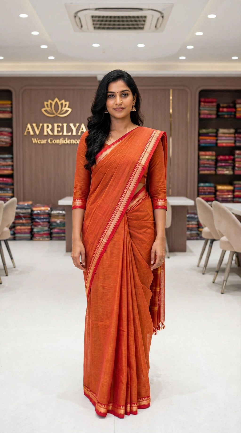 Orange Mercerized Cotton Saree With Temple Border