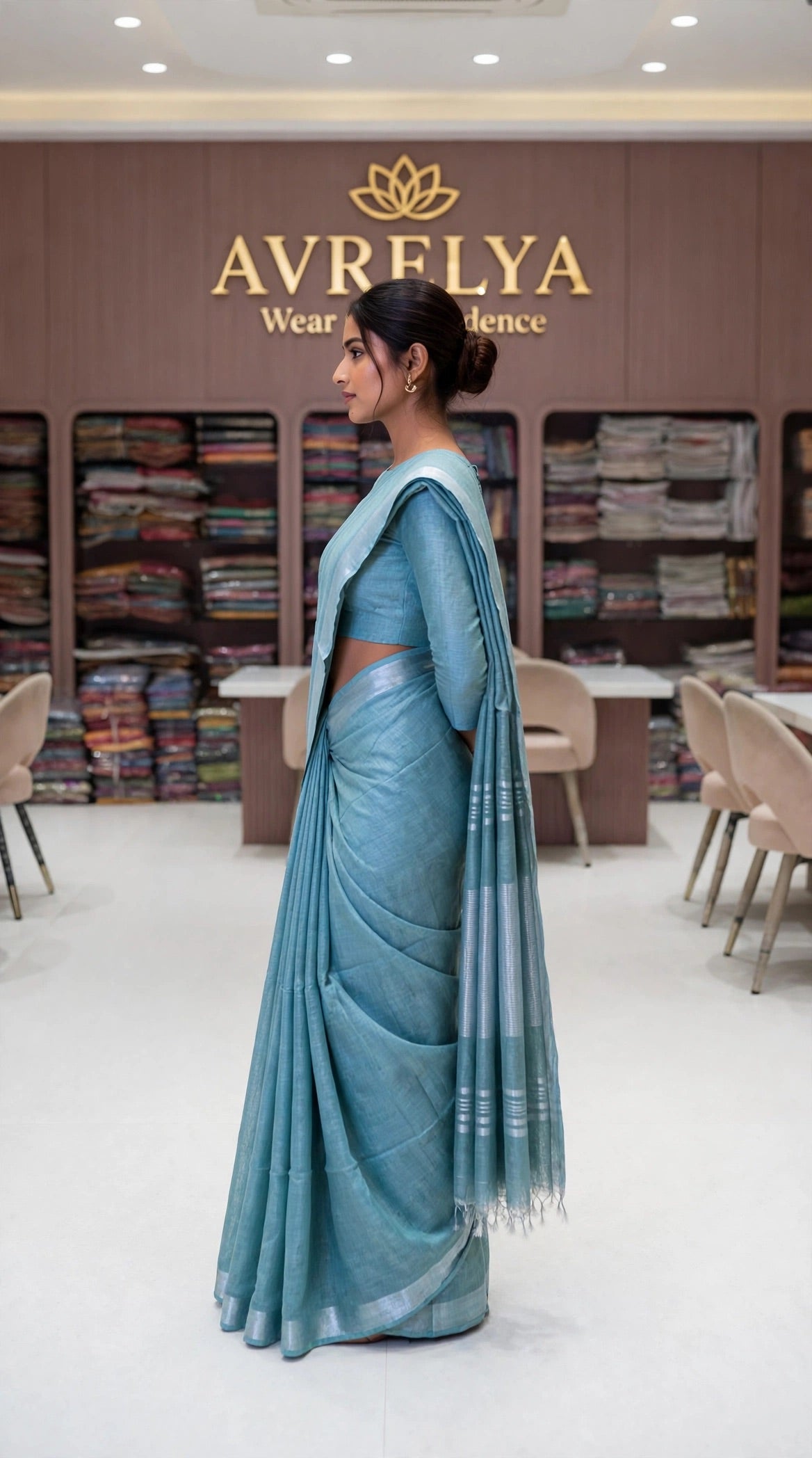Sea Green Handloom Cotton Slub Saree With Silver Zari Border