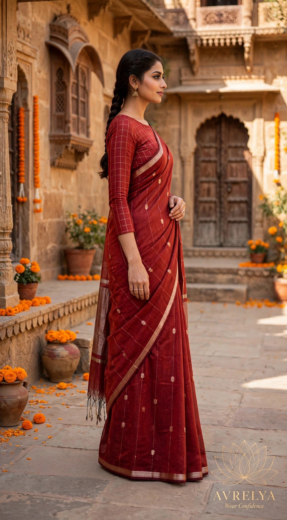 Red Maheshwari Lotus Butta Saree With Zari Border