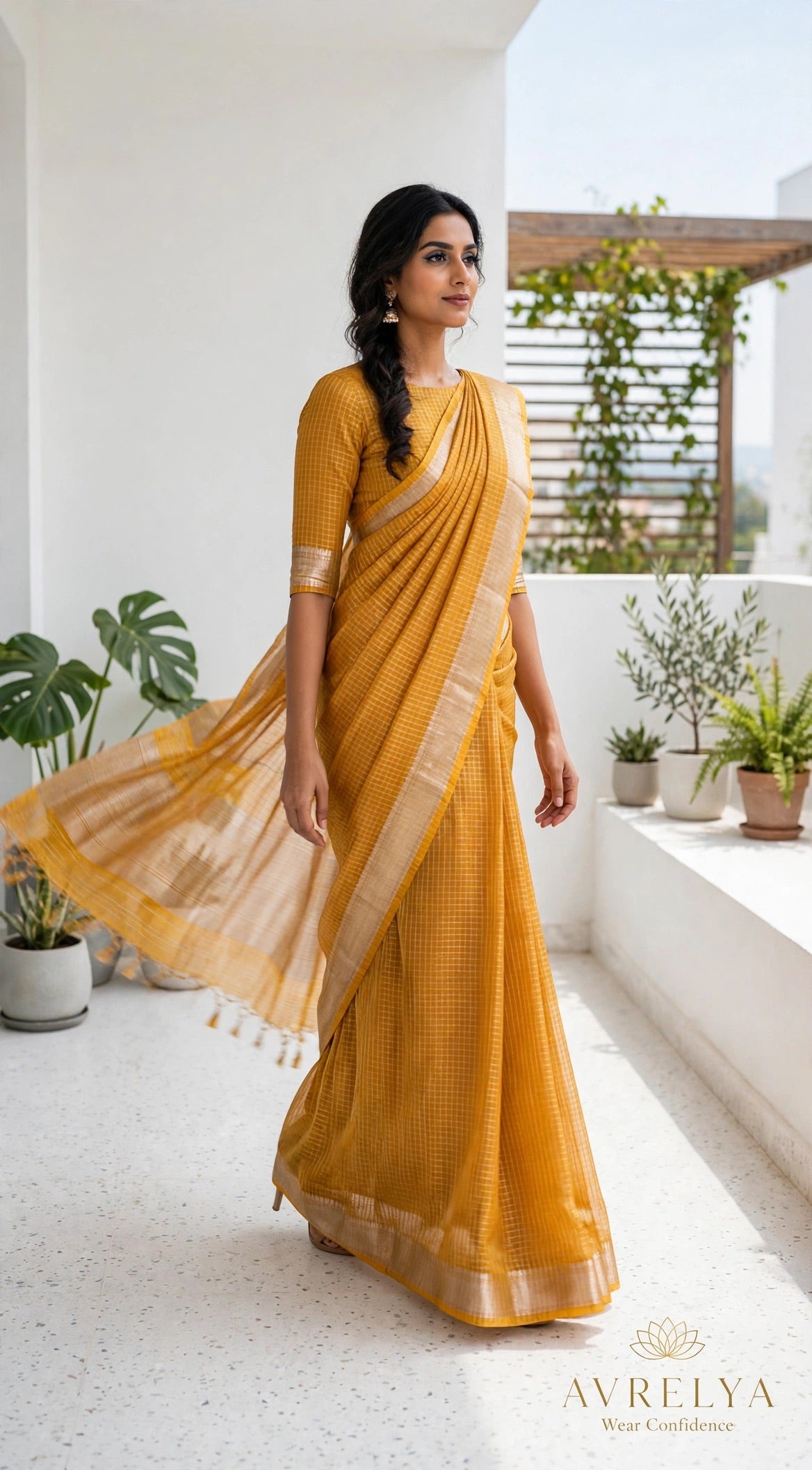 Mustard Maheshwari Chanderi Saree With Zari Border