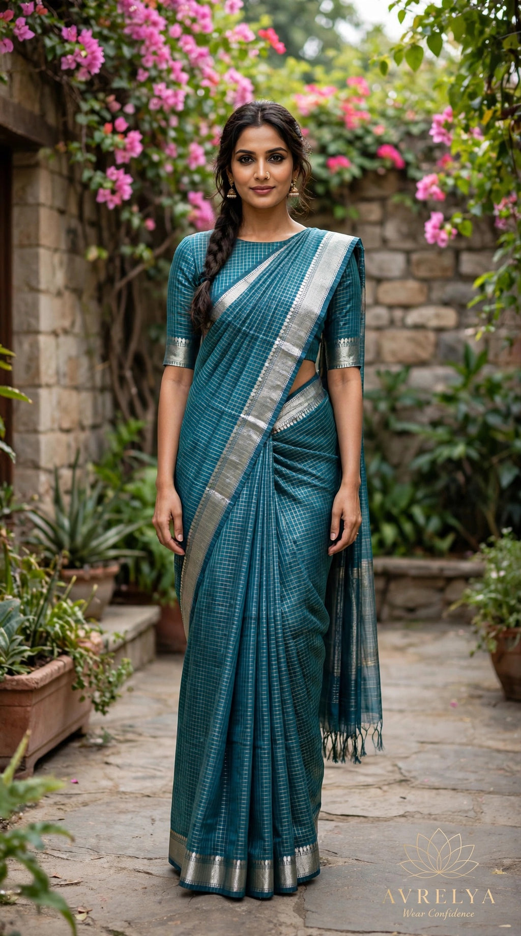 Turquoise Blue Maheshwari Check Saree With Zari Border