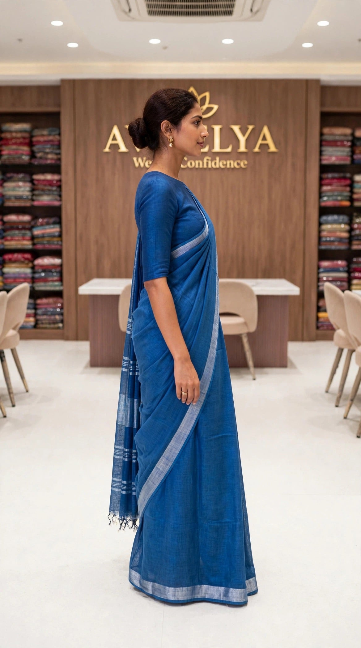 Blue Handloom Cotton Slub Saree With Silver Zari Border