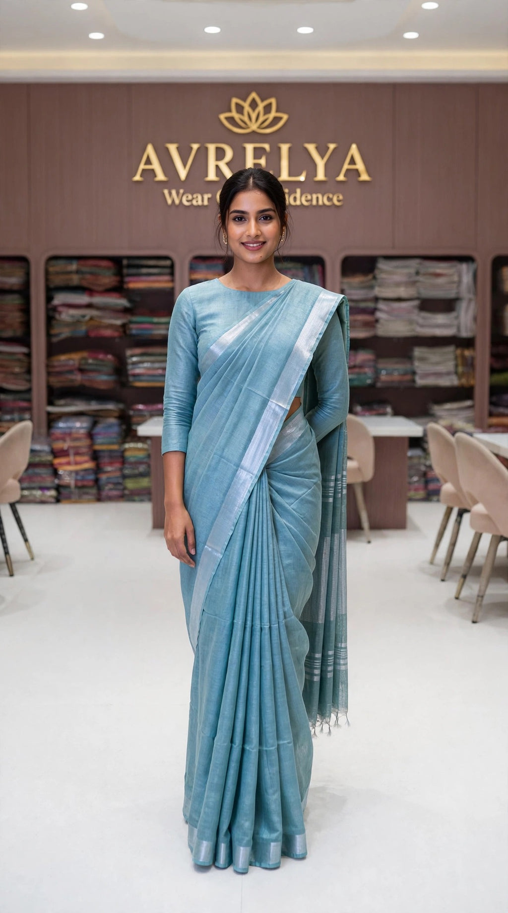 Sea Green Handloom Cotton Slub Saree With Silver Zari Border