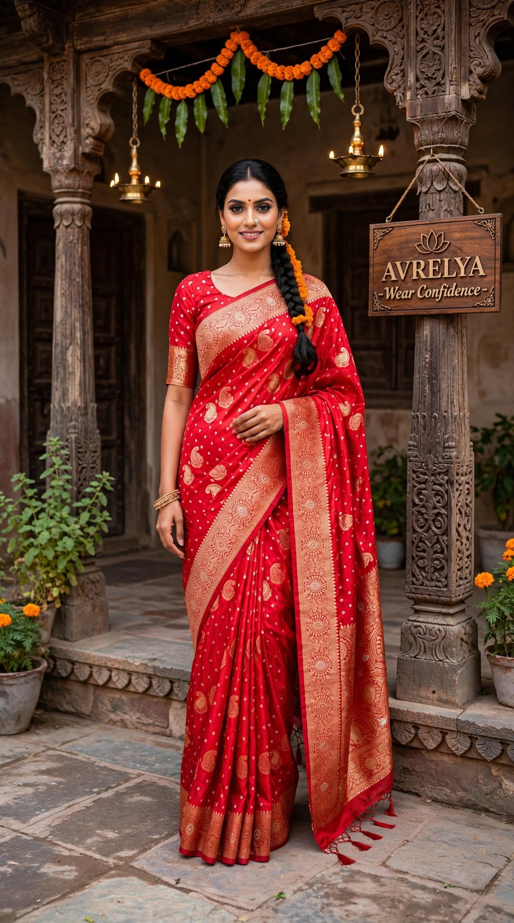 Red Dola Silk Saree With Gold Zari Weaving