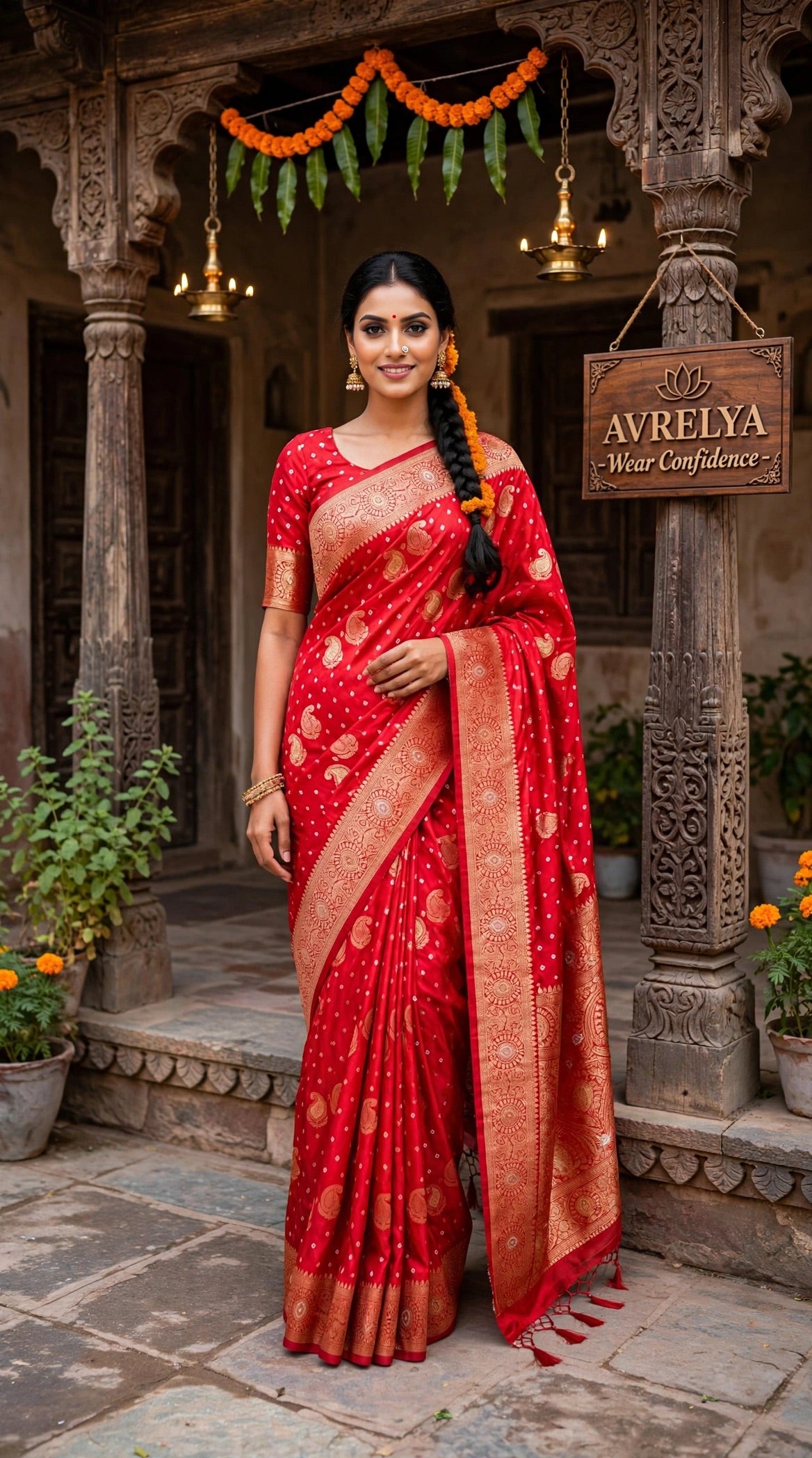 Red Dola Silk Saree With Gold Zari Weaving