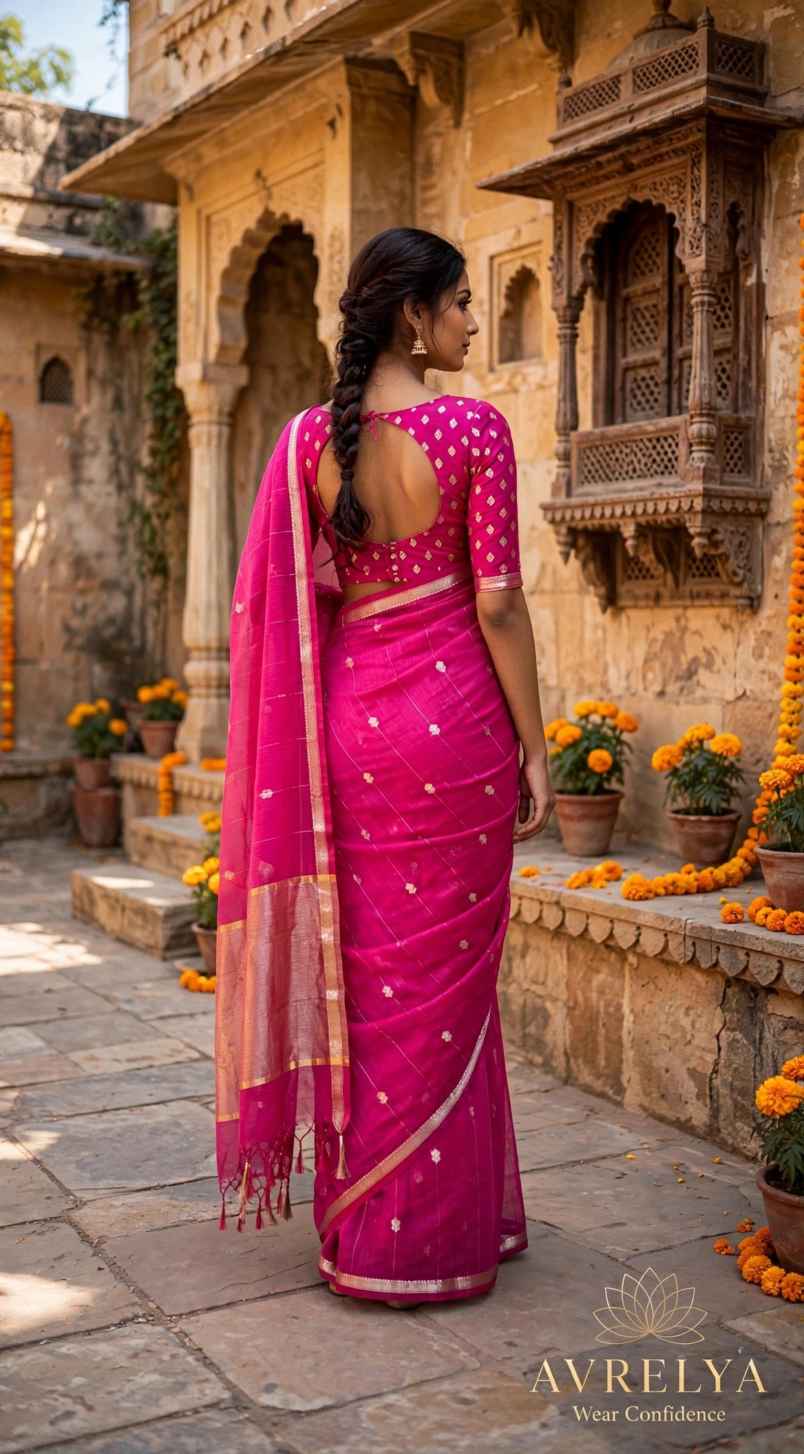 Pink Maheshwari Lotus Butta Saree With Zari Border