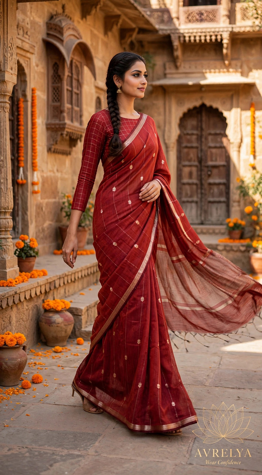 Red Maheshwari Lotus Butta Saree With Zari Border
