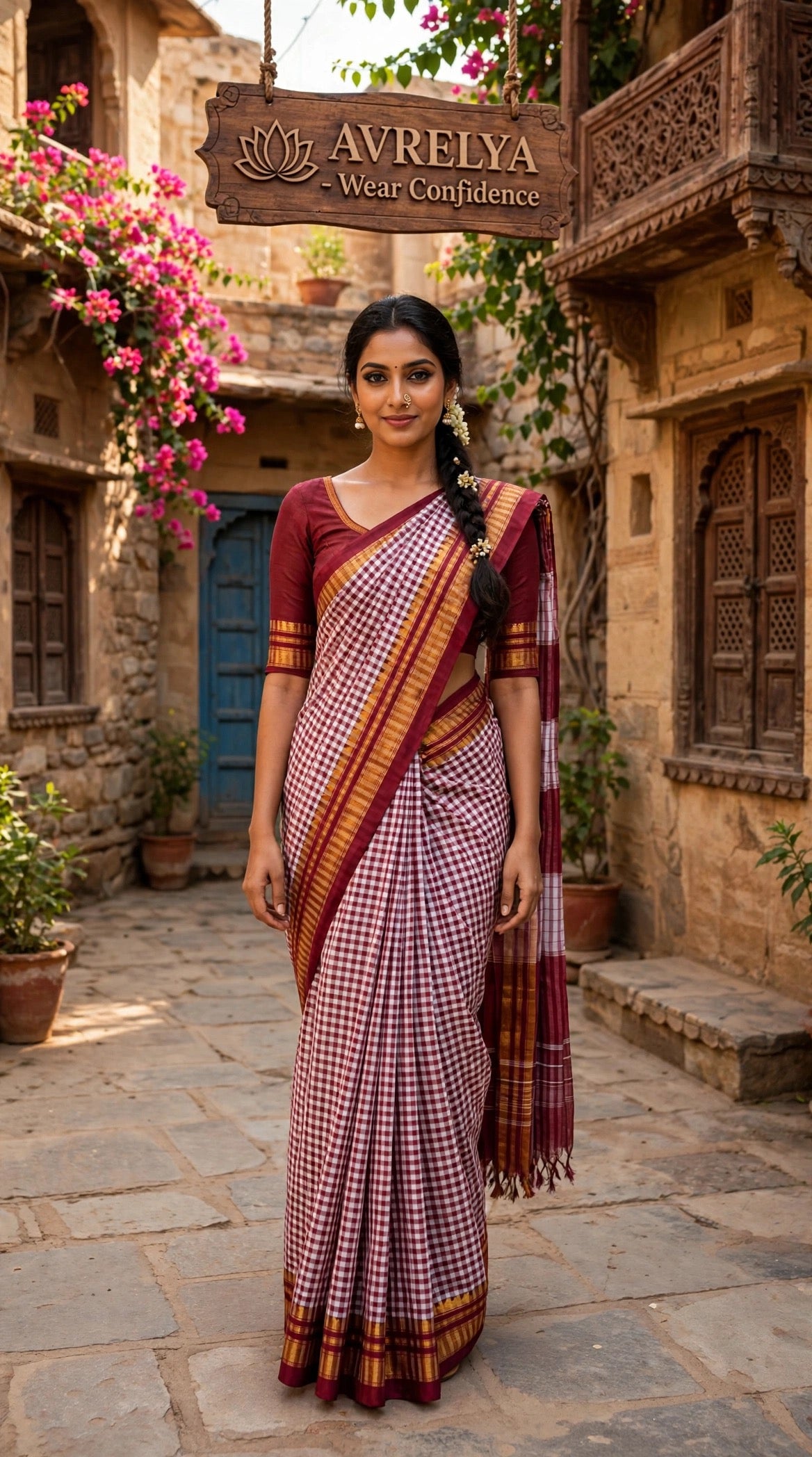 Maroon Tom Tom Check Ilkal Saree With Zari Border