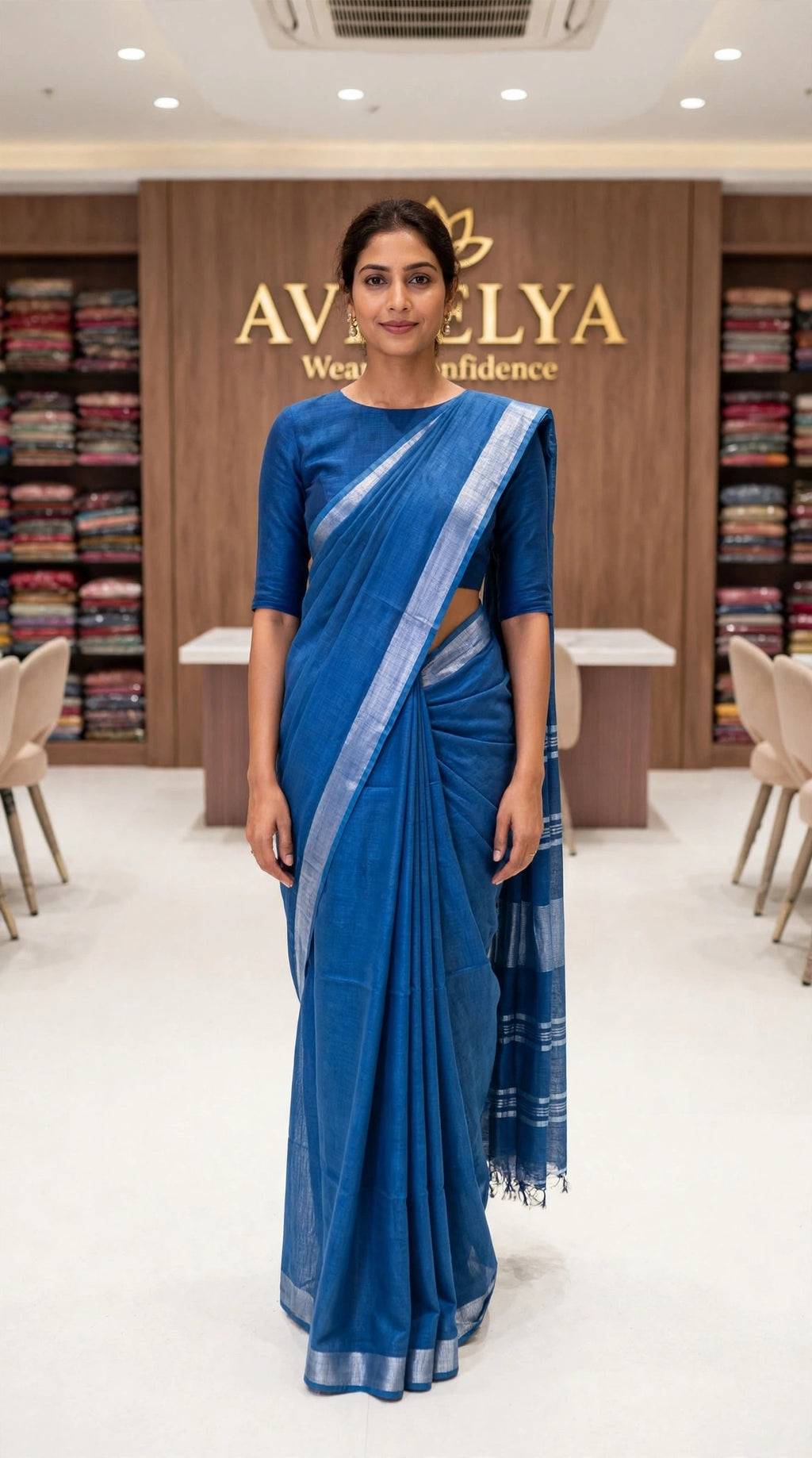 Blue Handloom Cotton Slub Saree With Silver Zari Border