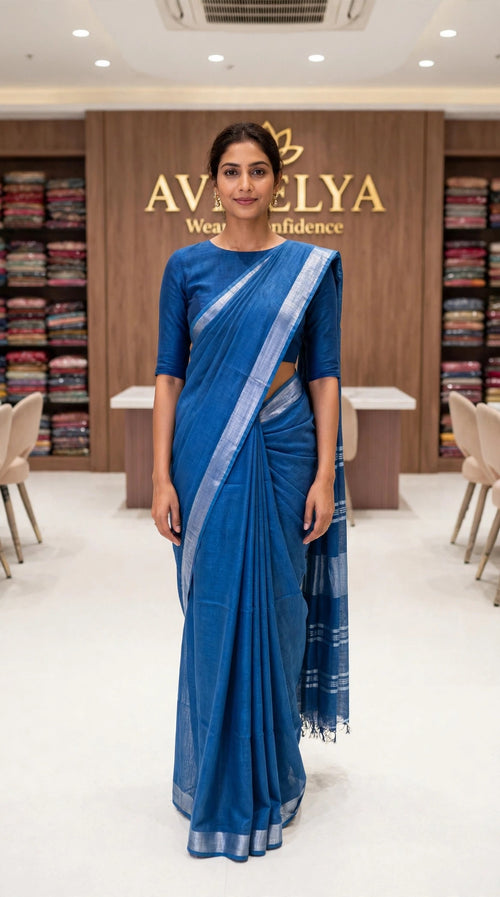 Blue Handloom Cotton Slub Saree With Silver Zari Border
