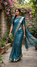 Turquoise Blue Maheshwari Check Saree With Zari Border