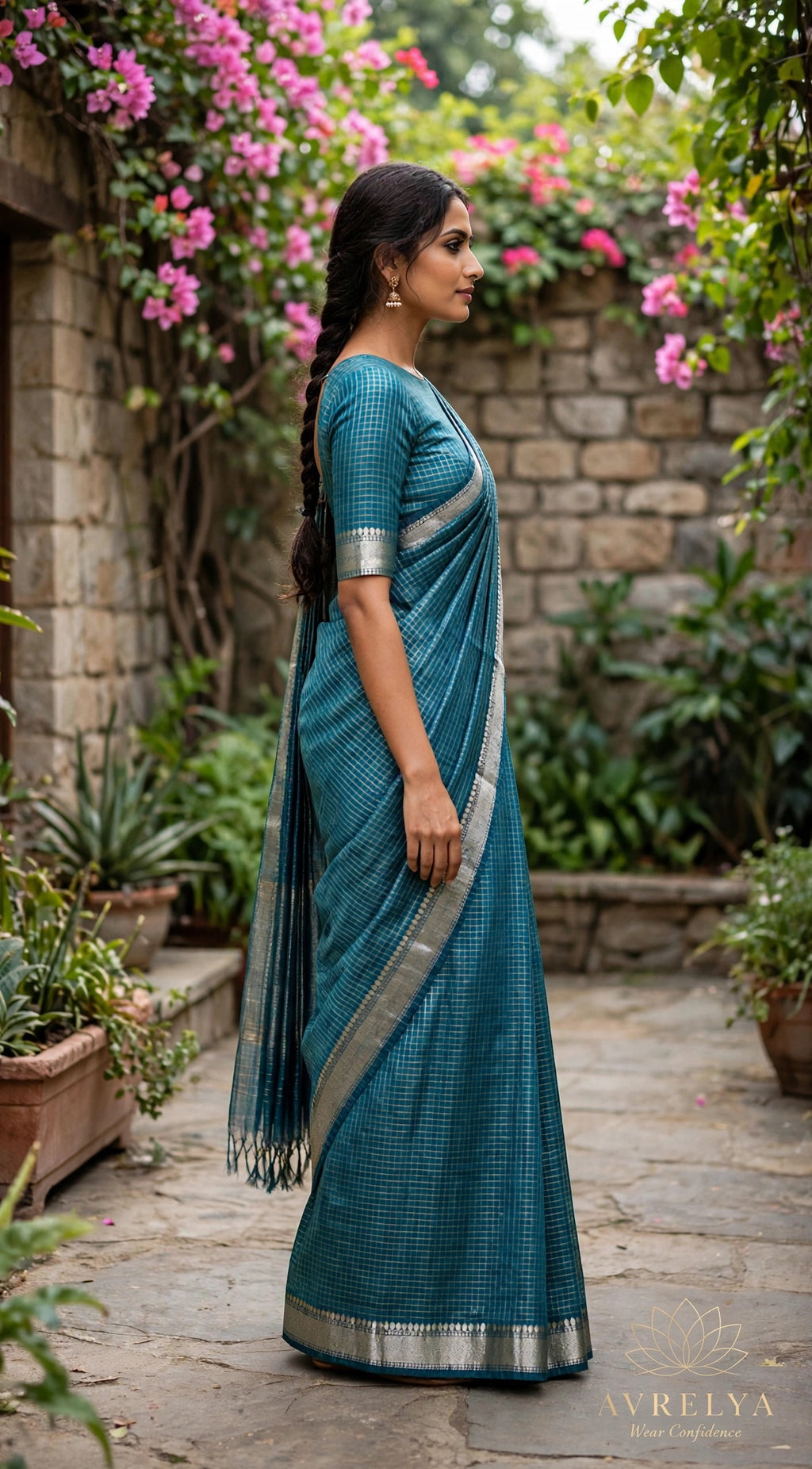 Turquoise Blue Maheshwari Check Saree With Zari Border