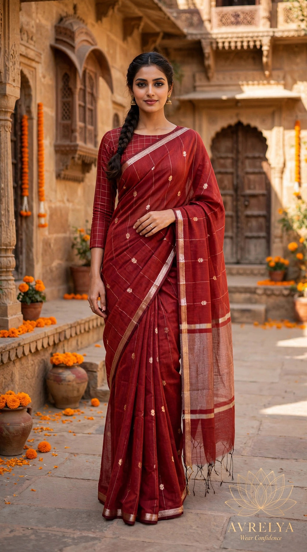Red Maheshwari Lotus Butta Saree With Zari Border