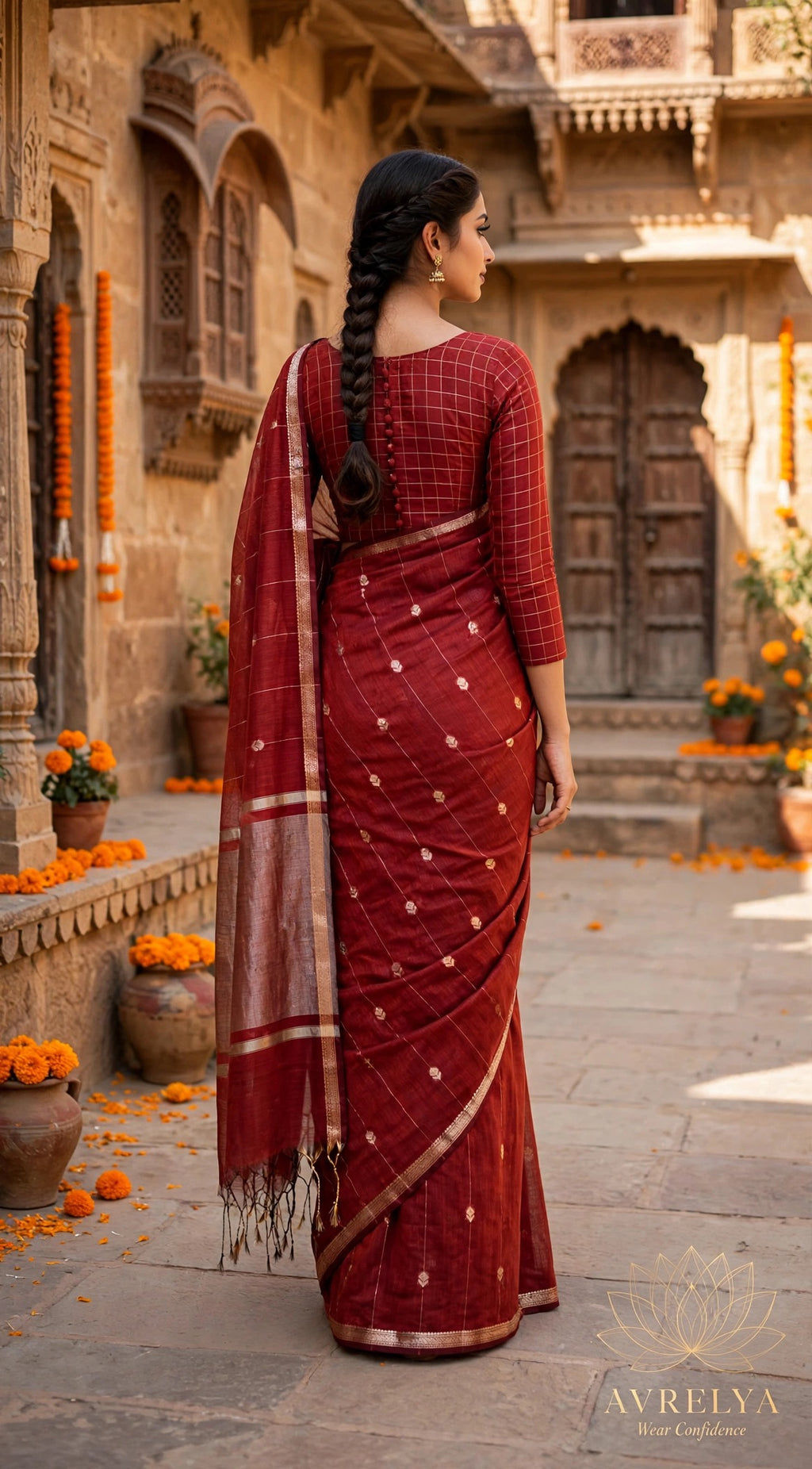Red Maheshwari Lotus Butta Saree With Zari Border