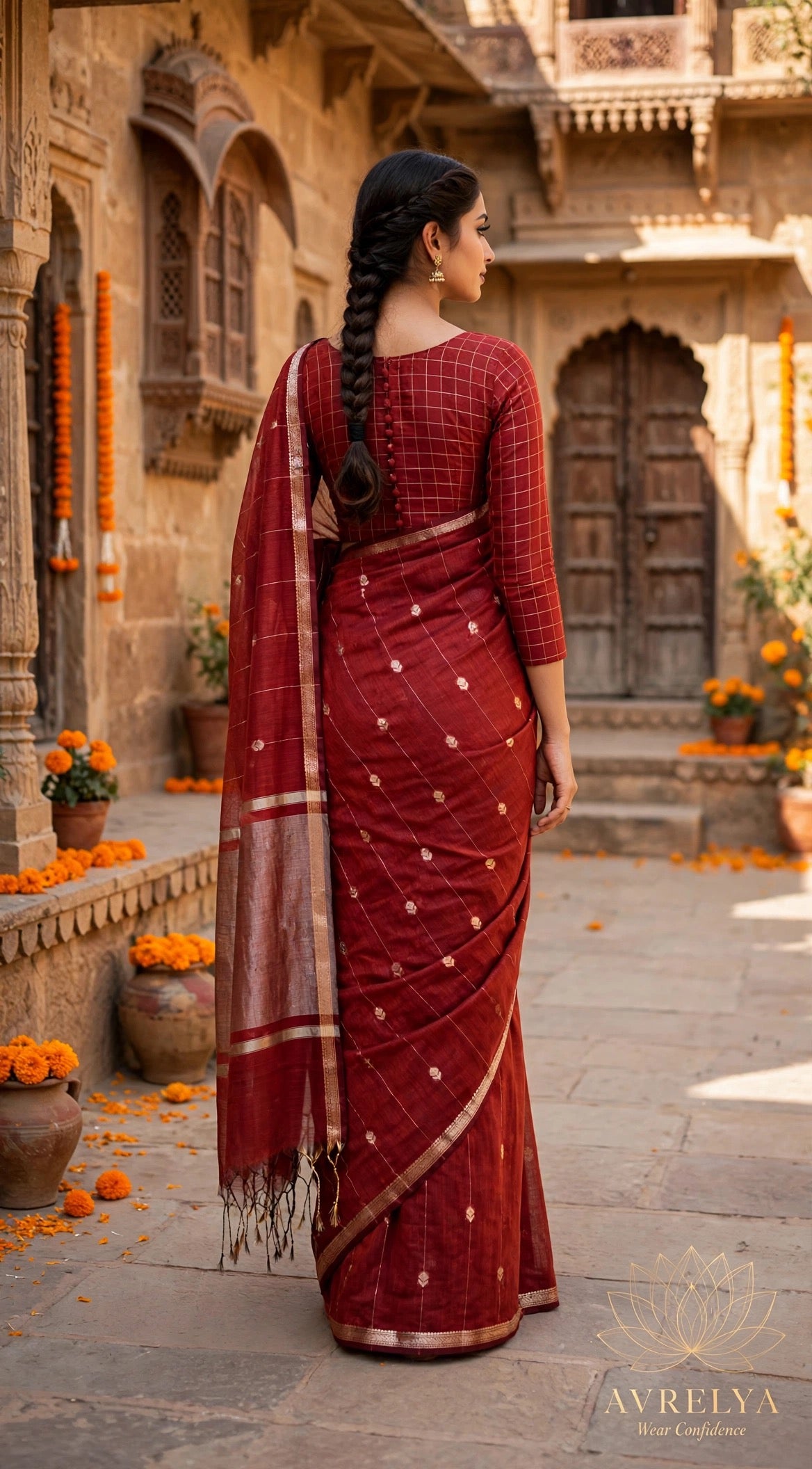 Red Maheshwari Lotus Butta Saree With Zari Border