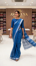 Blue Handloom Cotton Slub Saree With Silver Zari Border