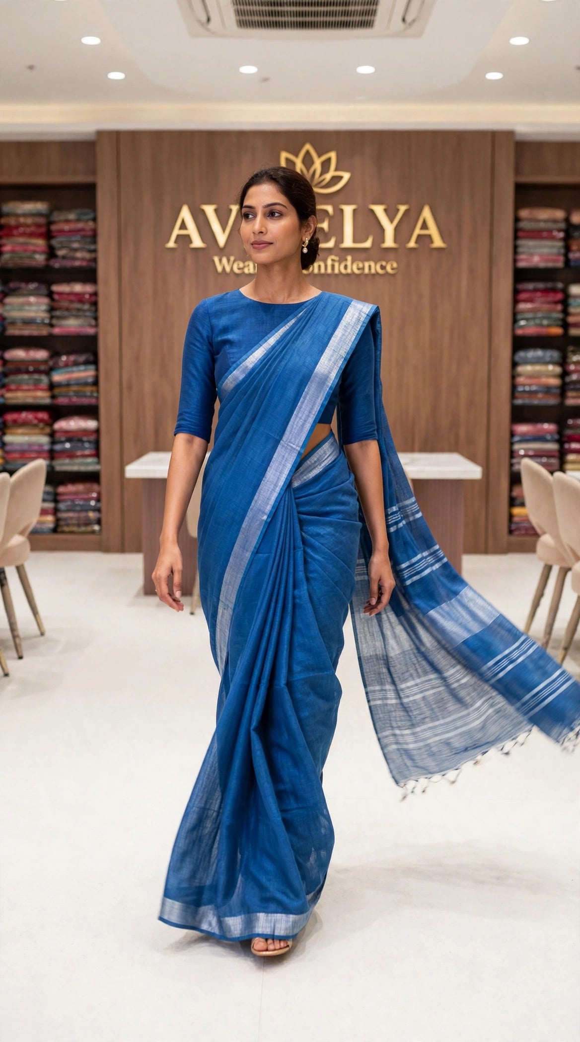 Blue Handloom Cotton Slub Saree With Silver Zari Border