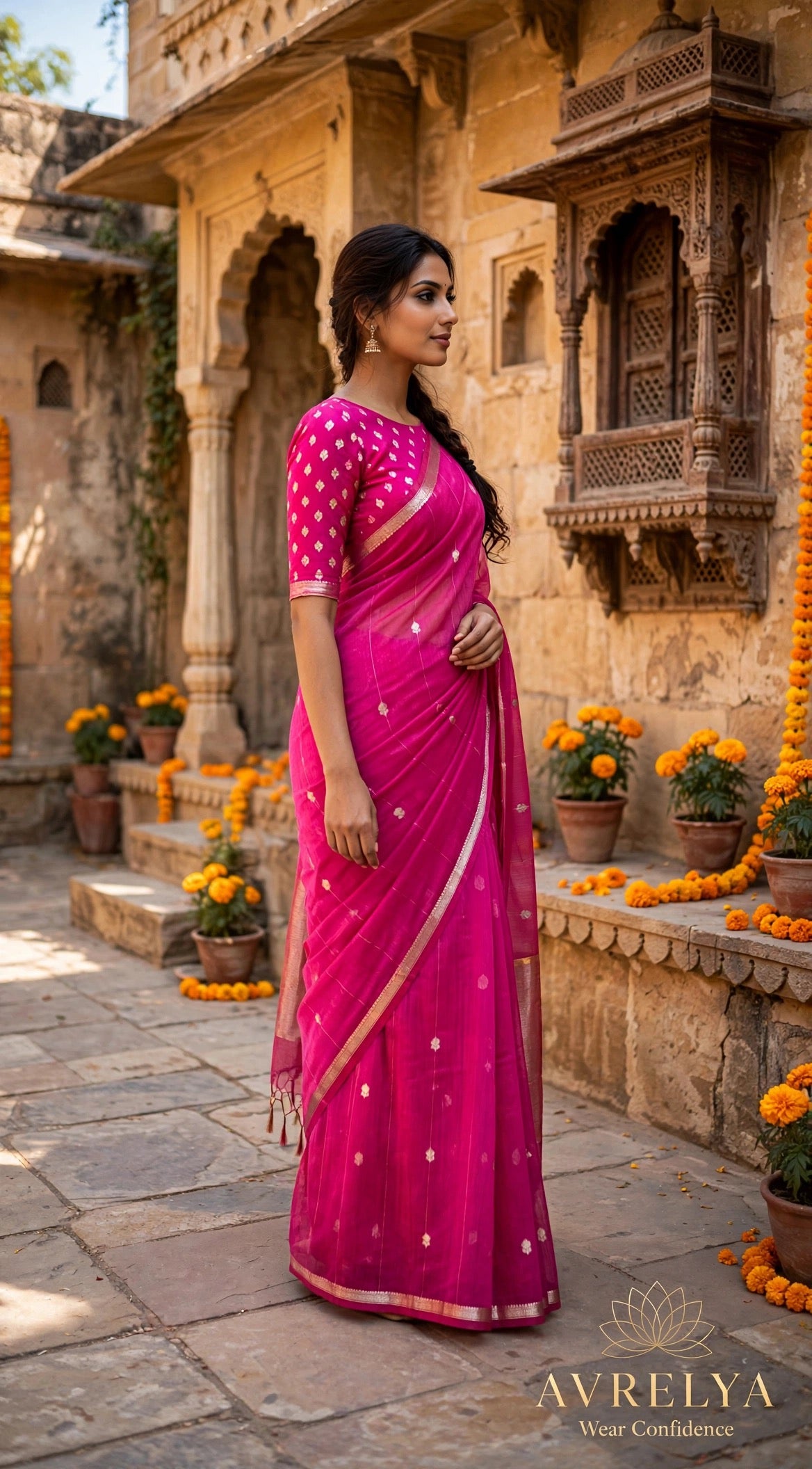 Pink Maheshwari Lotus Butta Saree With Zari Border