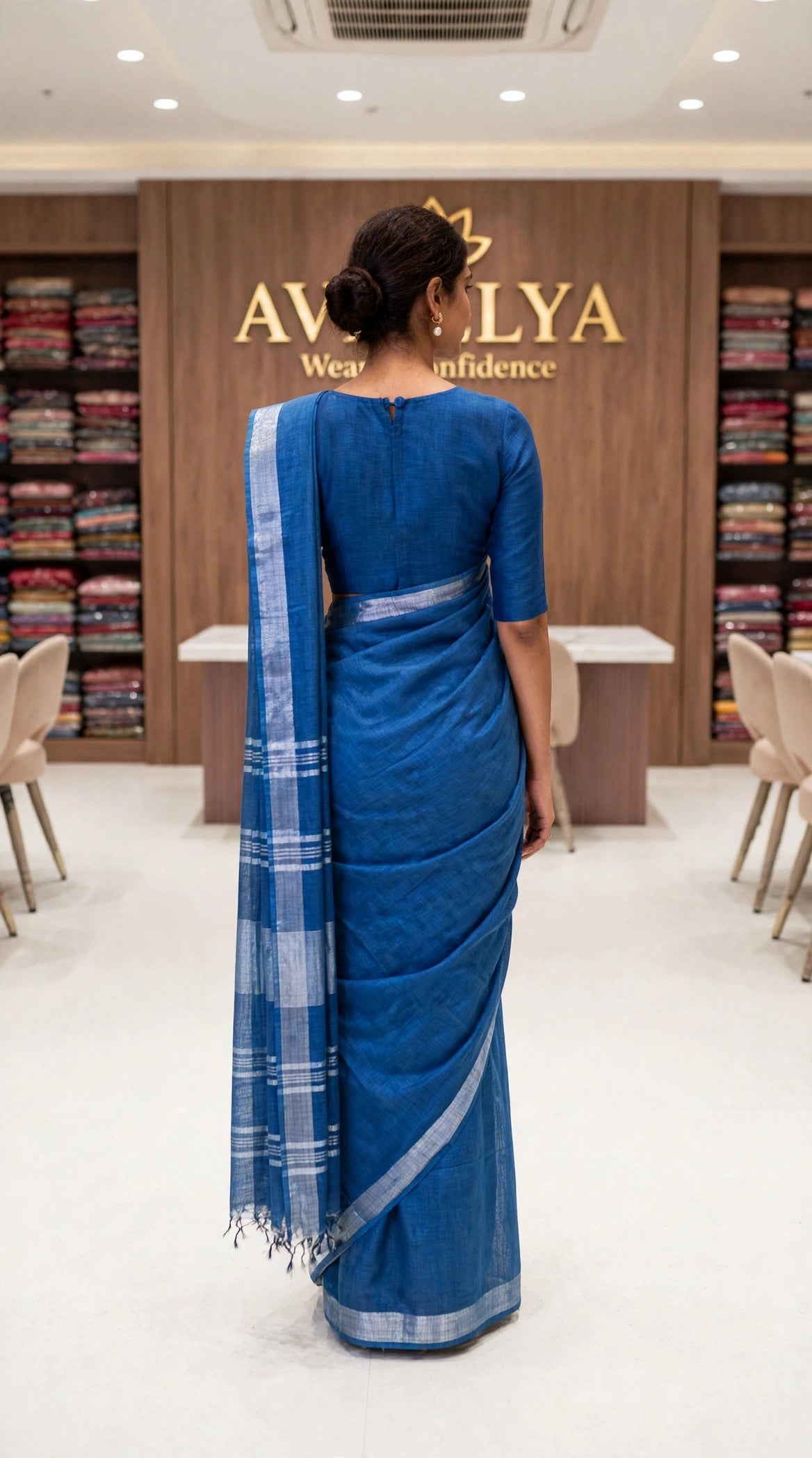 Blue Handloom Cotton Slub Saree With Silver Zari Border
