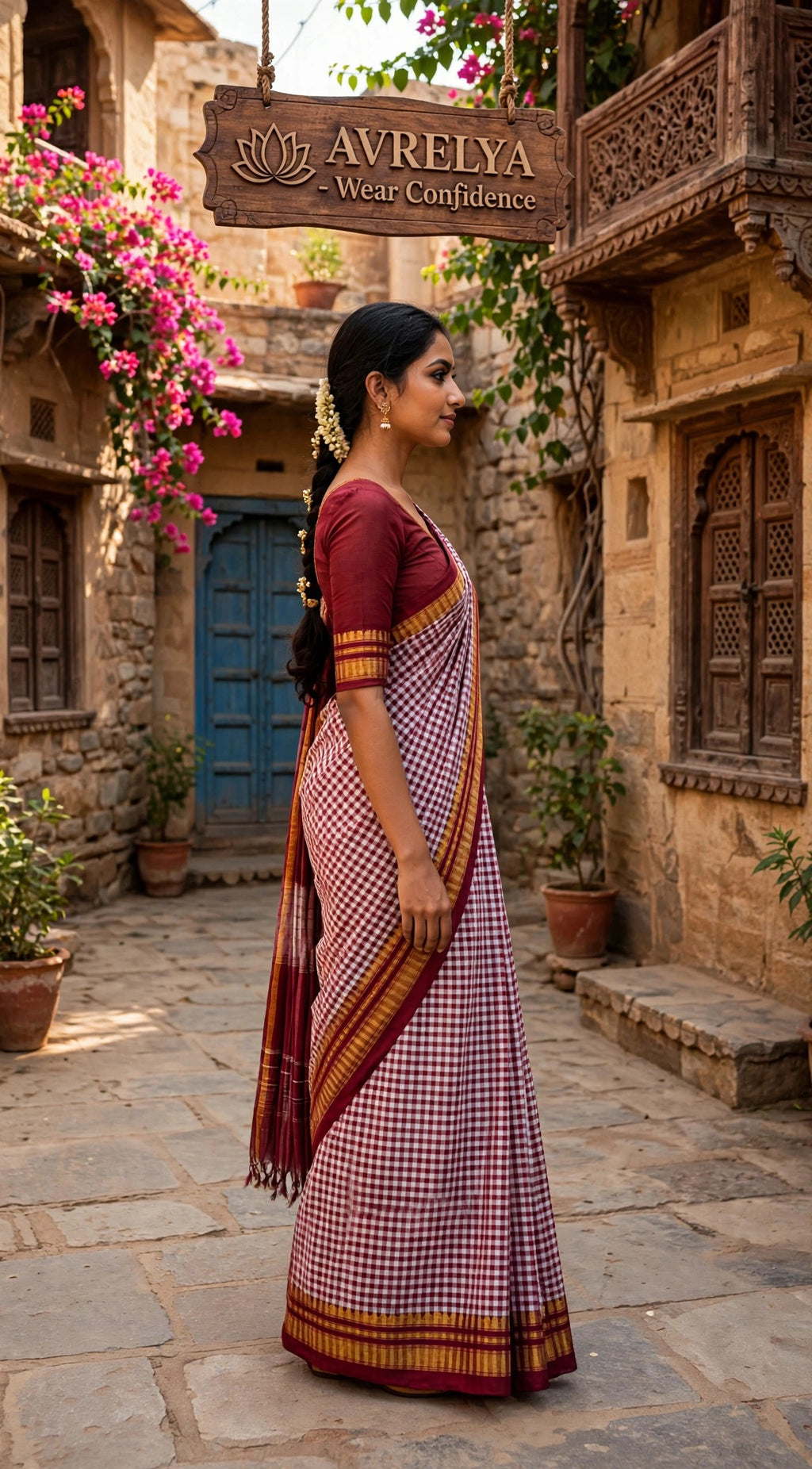 Maroon Tom Tom Check Ilkal Saree With Zari Border