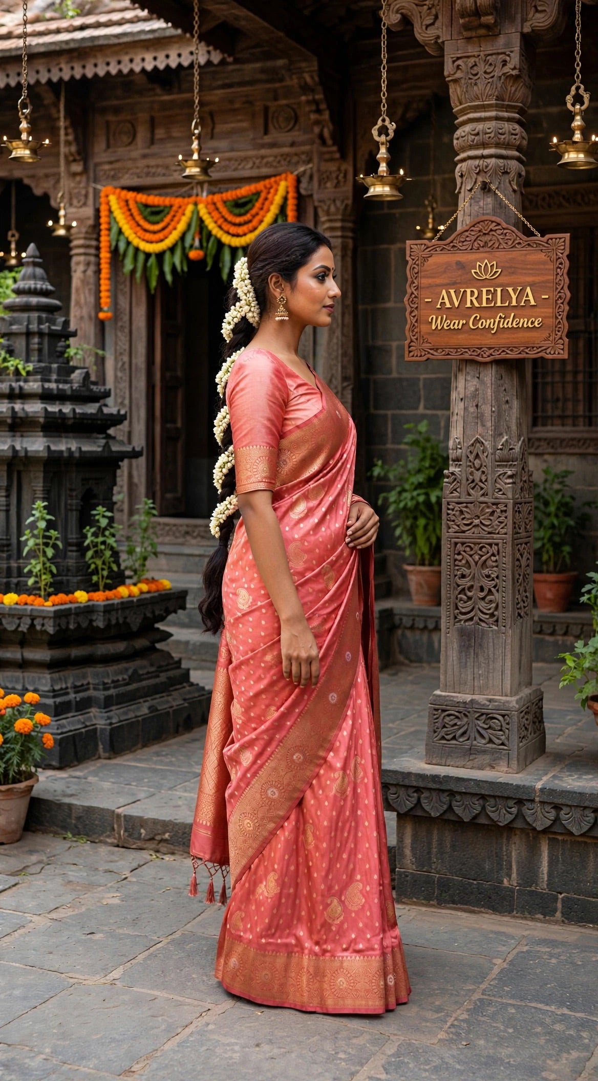 Peach Dola Silk Saree With Gold Zari Weaving