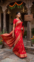 Red Dola Silk Saree With Gold Zari Weaving