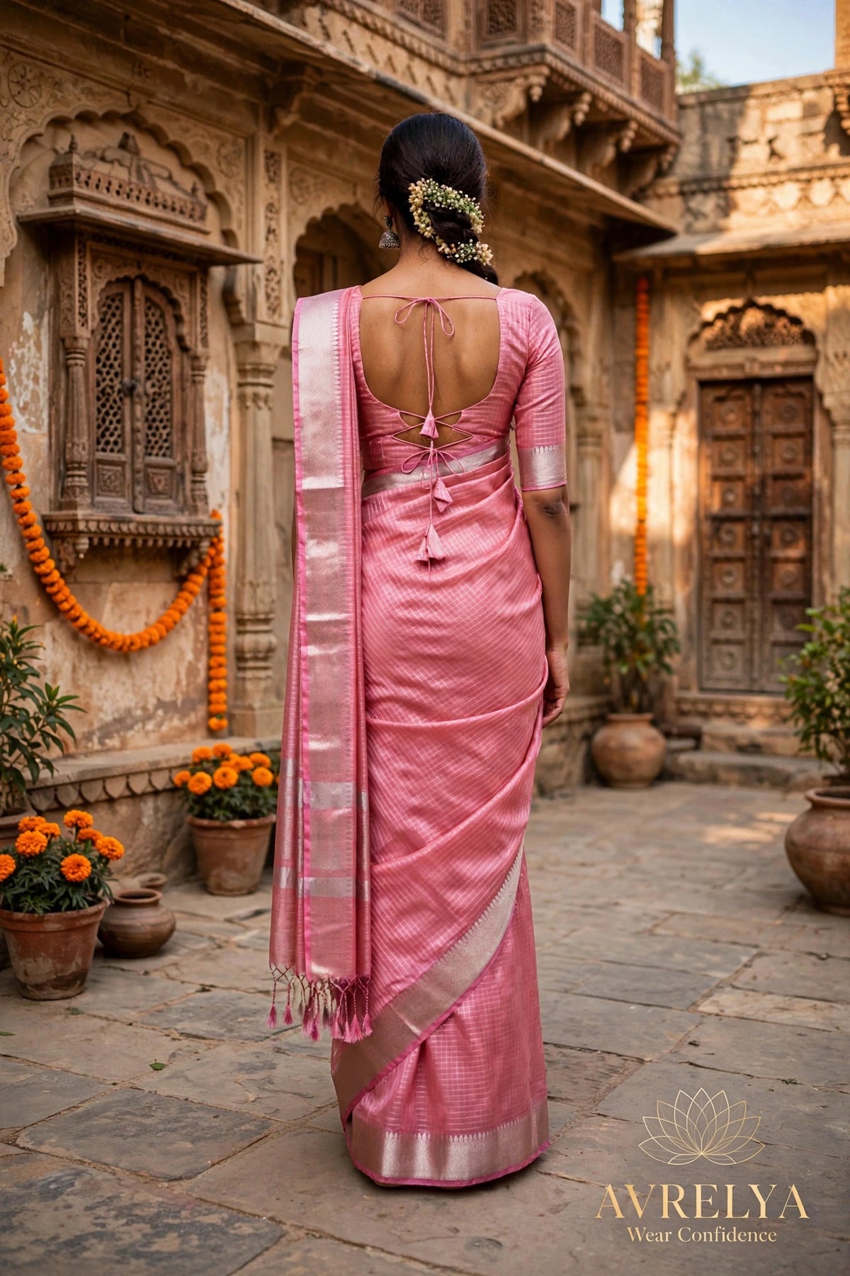 Pink Maheshwari Chanderi Saree With Zari Border