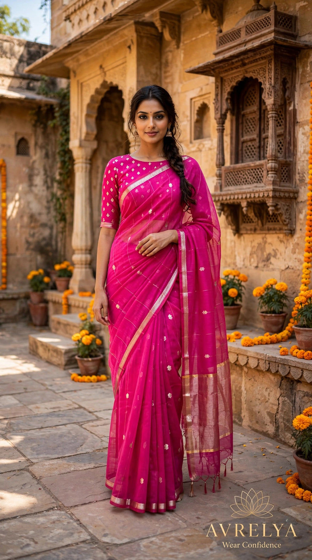 Pink Maheshwari Lotus Butta Saree With Zari Border