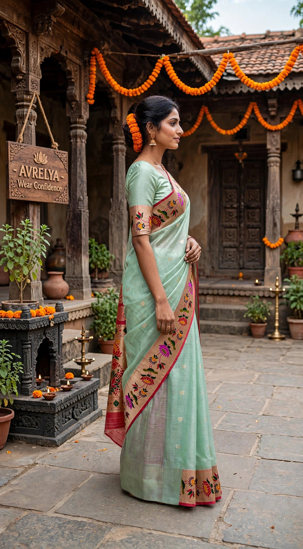 Teal Blue Tissue Paithani Saree with Floral Motif Border