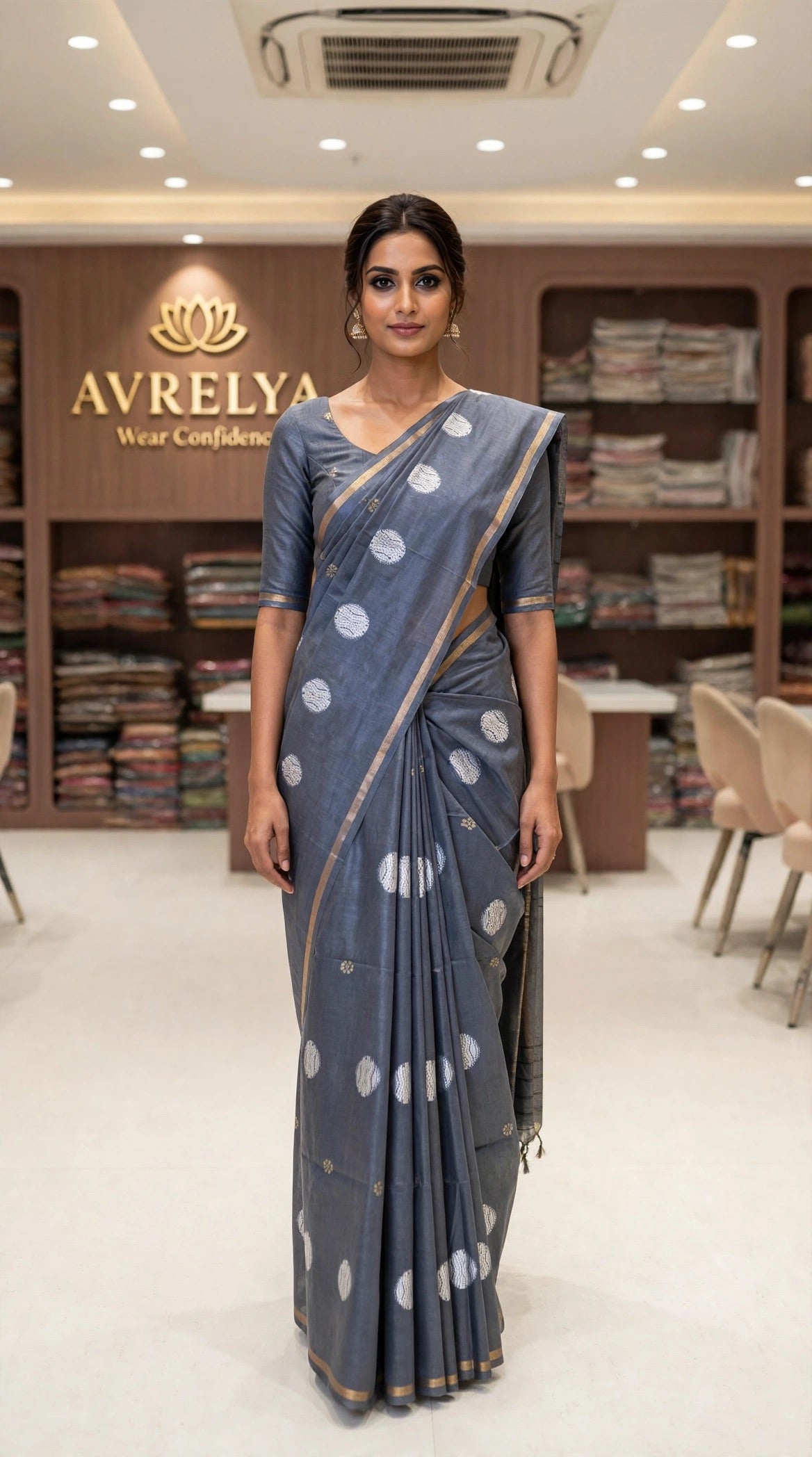 Grey Circular Threadwork Design Handloom Saree