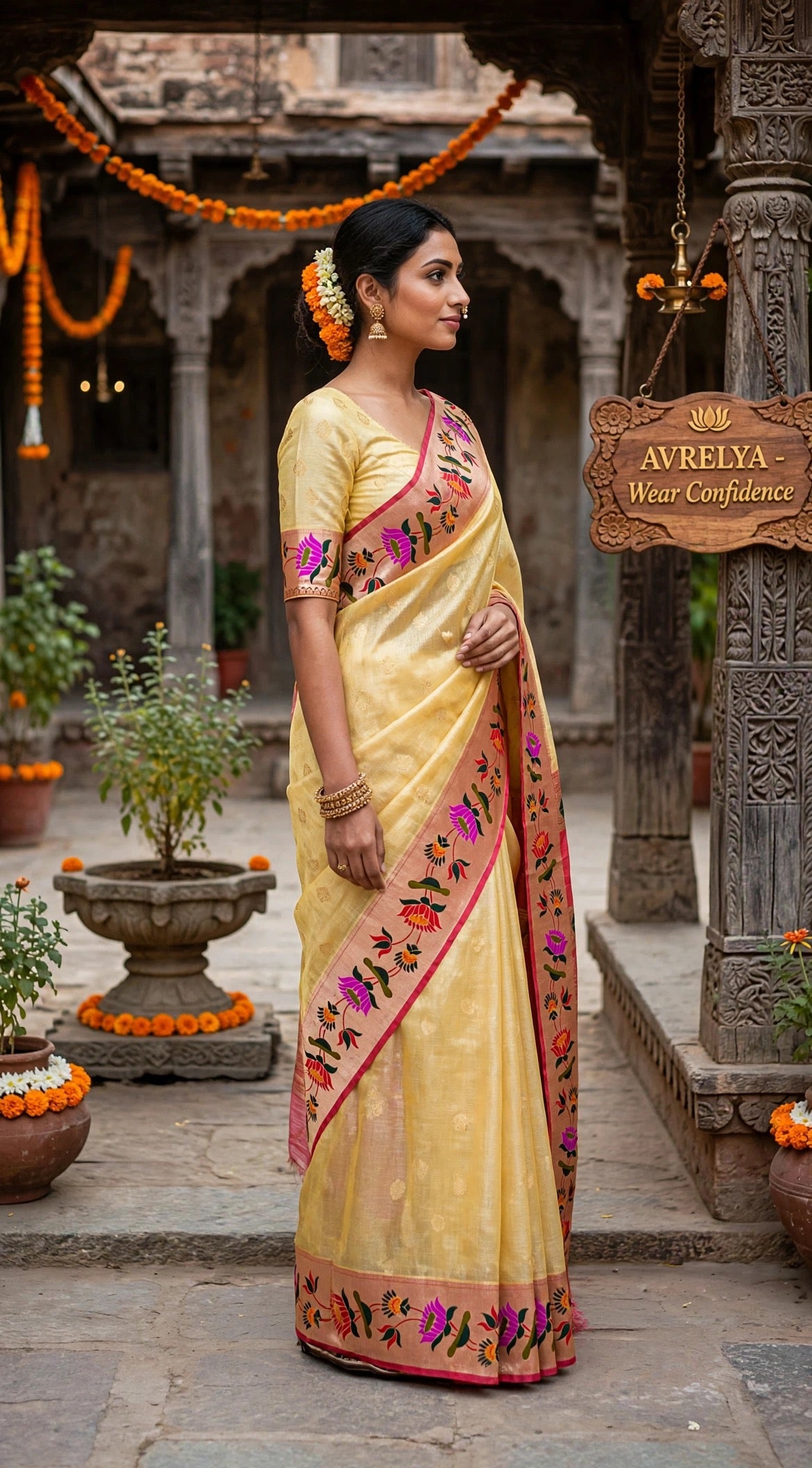 Yellow Tissue Paithani Saree with Floral Motif Border
