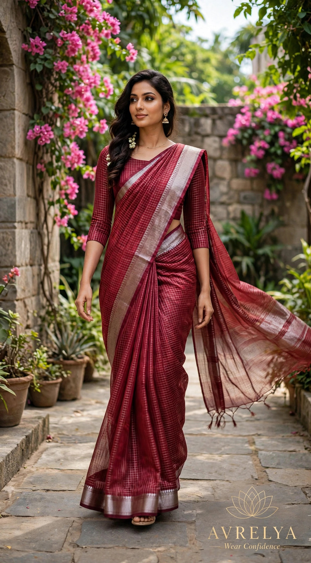 Red Maheshwari Chanderi Saree With Zari Border
