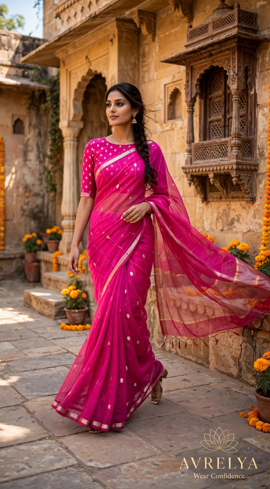 Pink Maheshwari Lotus Butta Saree With Zari Border