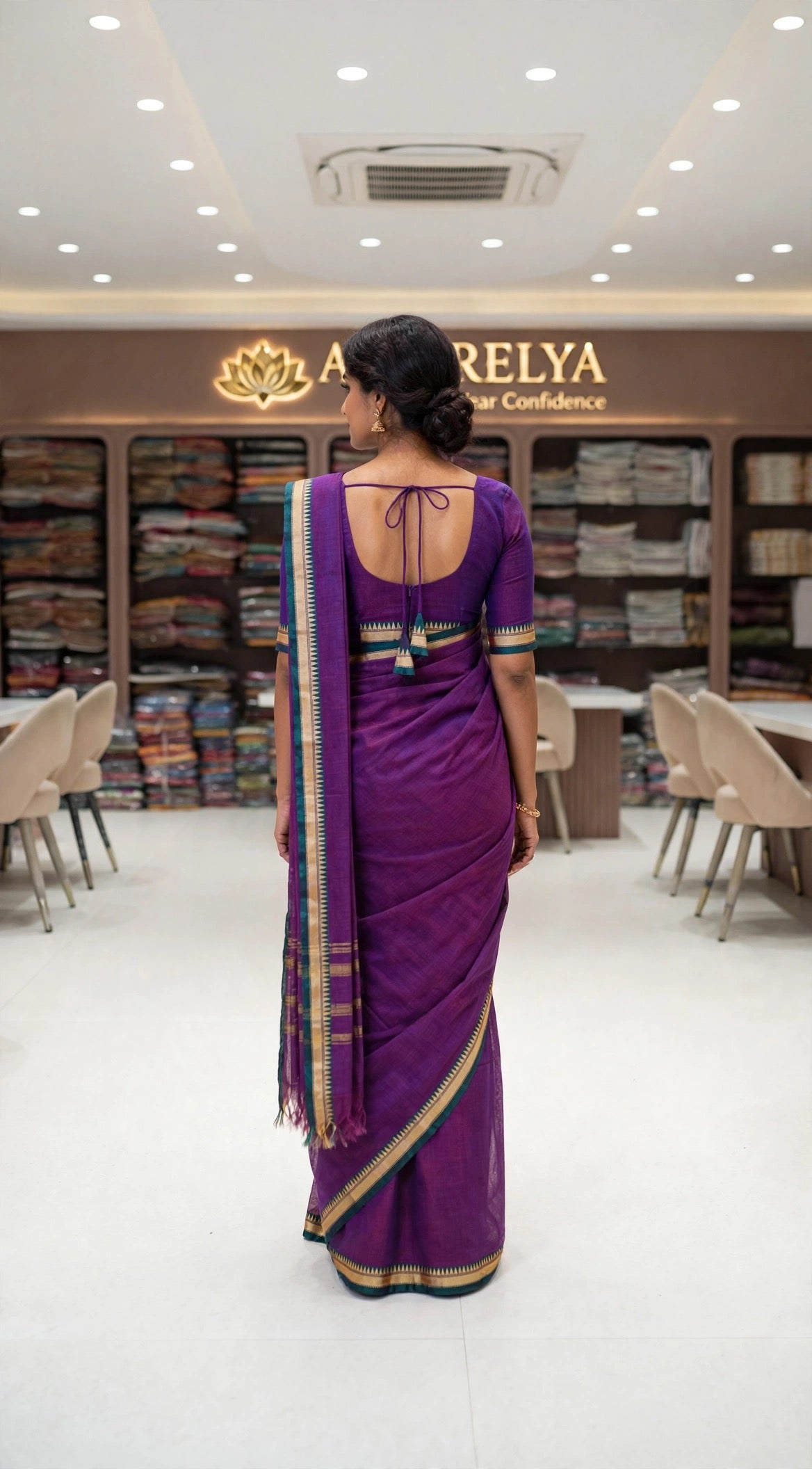 Purple Mercerized Cotton Saree With Temple Border