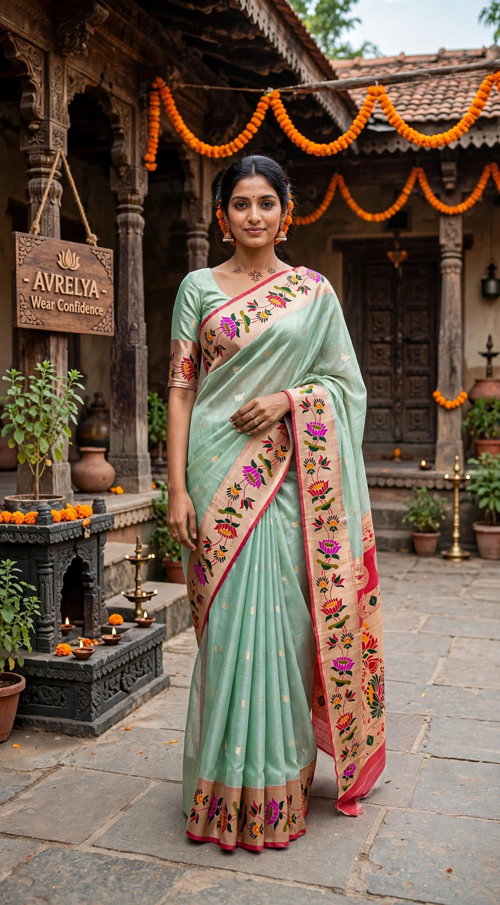 Teal Blue Tissue Paithani Saree with Floral Motif Border