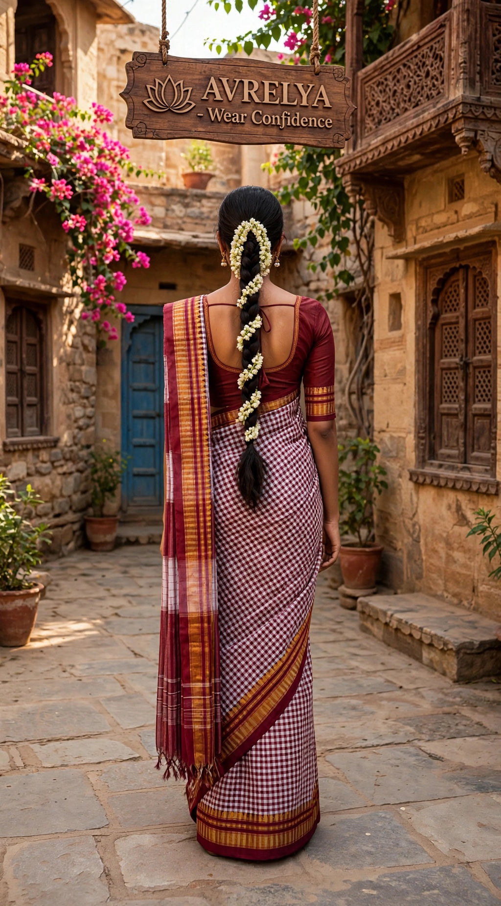 Maroon Tom Tom Check Ilkal Saree With Zari Border