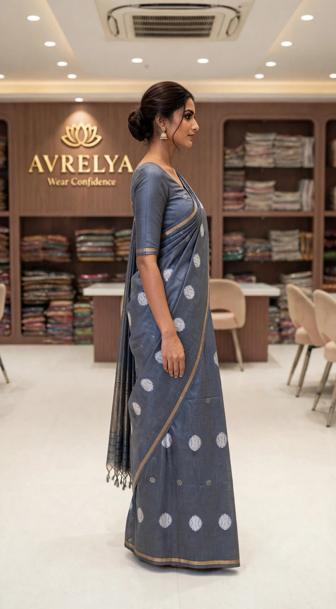 Grey Circular Threadwork Design Handloom Saree