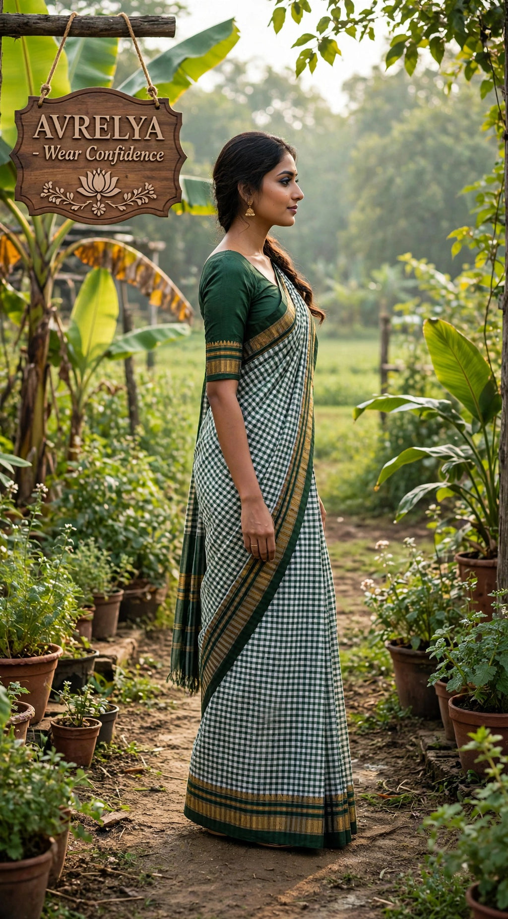 Green Tom Tom Check Ilkal Saree With Zari Border
