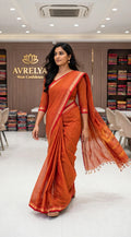 Orange Mercerized Cotton Saree With Temple Border