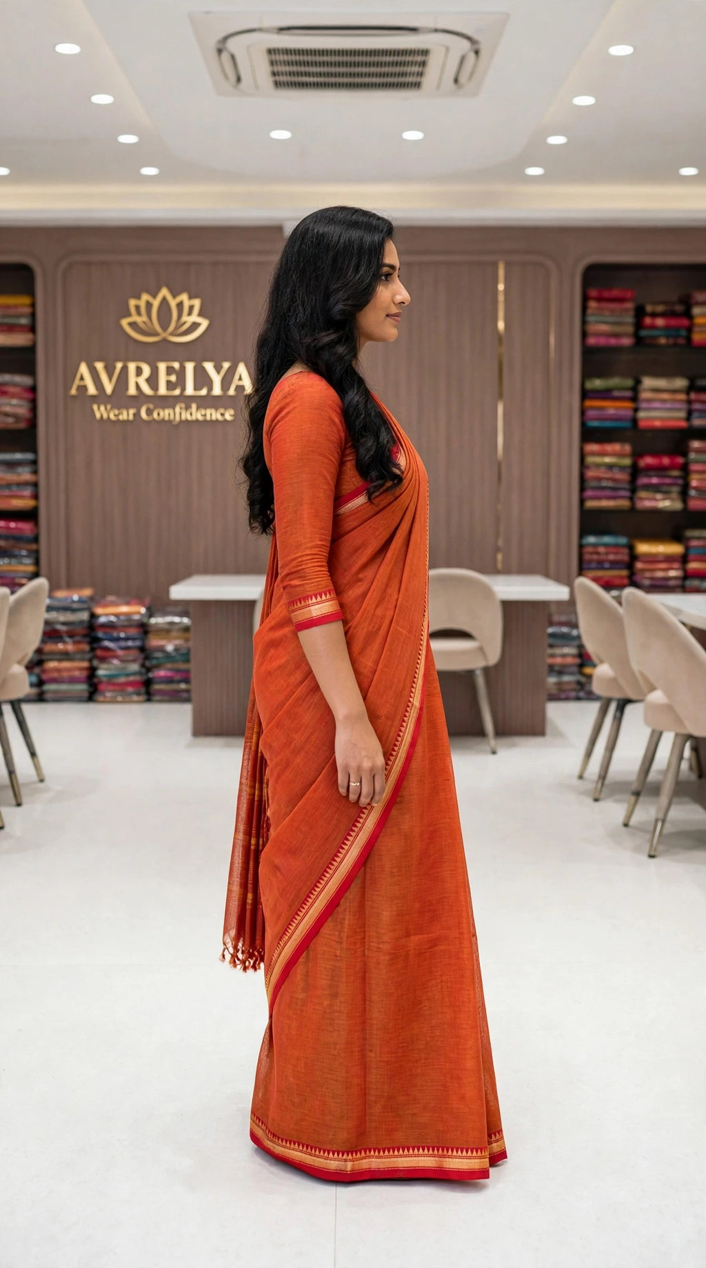 Orange Mercerized Cotton Saree With Temple Border