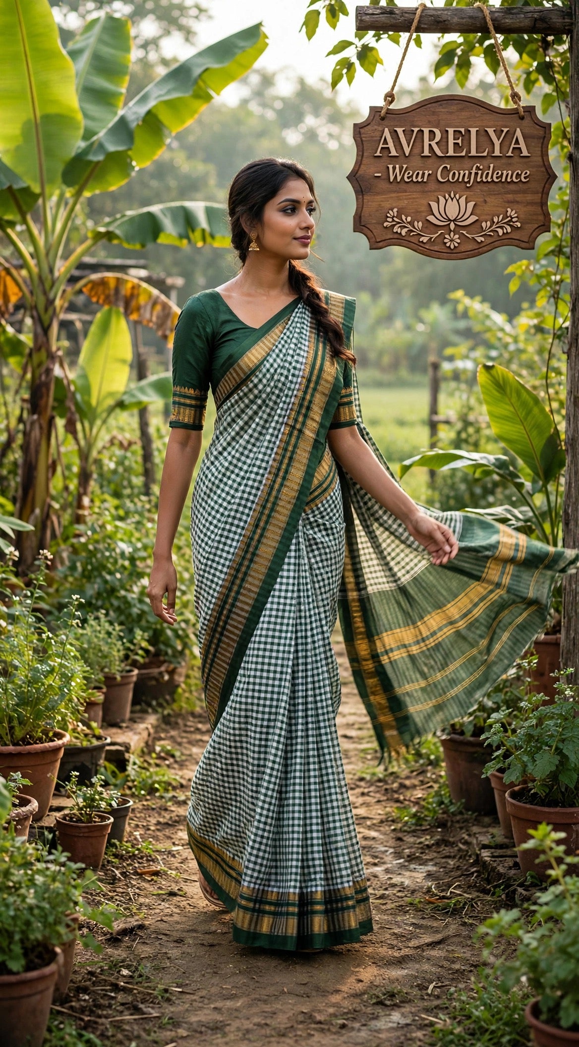 Green Tom Tom Check Ilkal Saree With Zari Border
