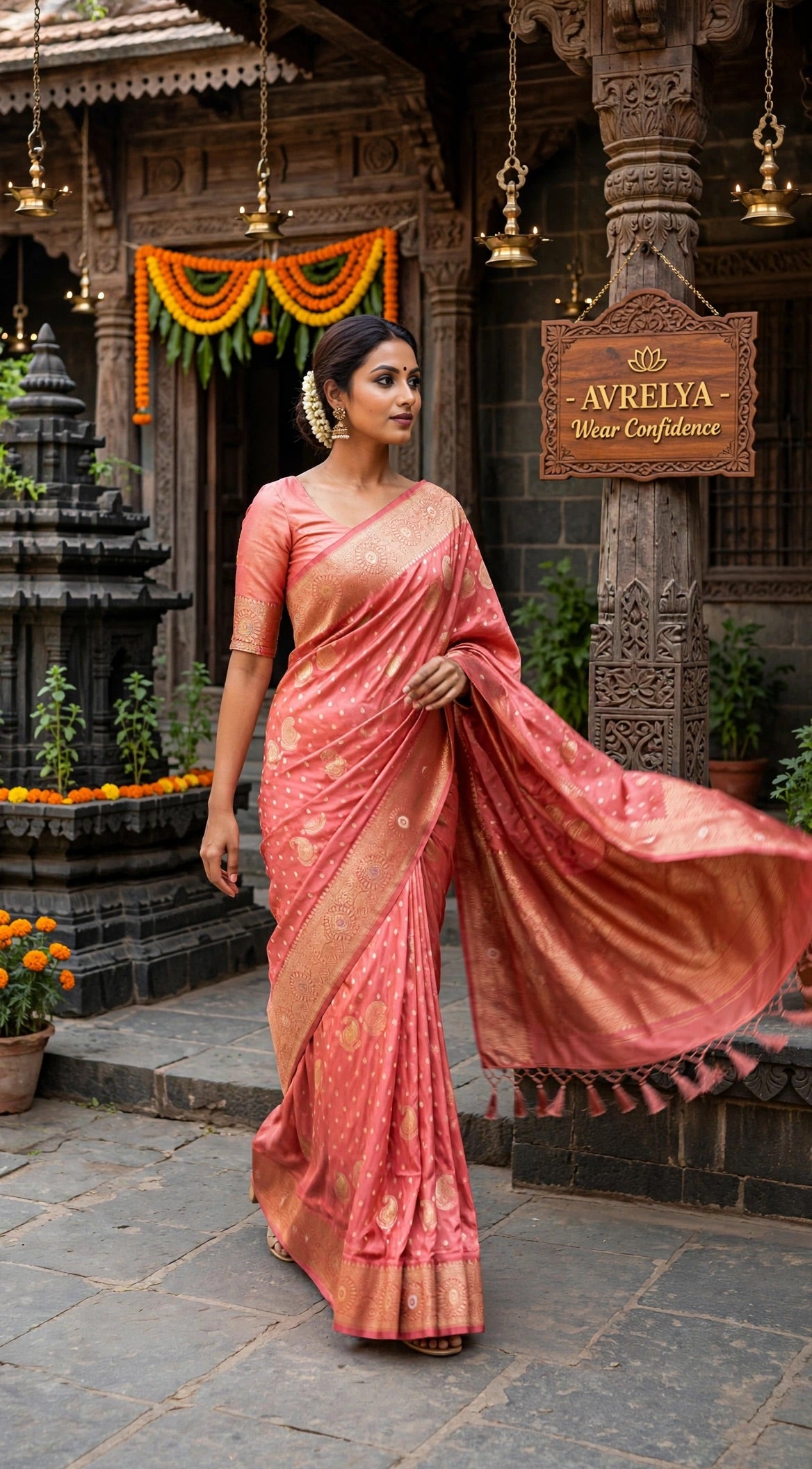 Peach Dola Silk Saree With Gold Zari Weaving
