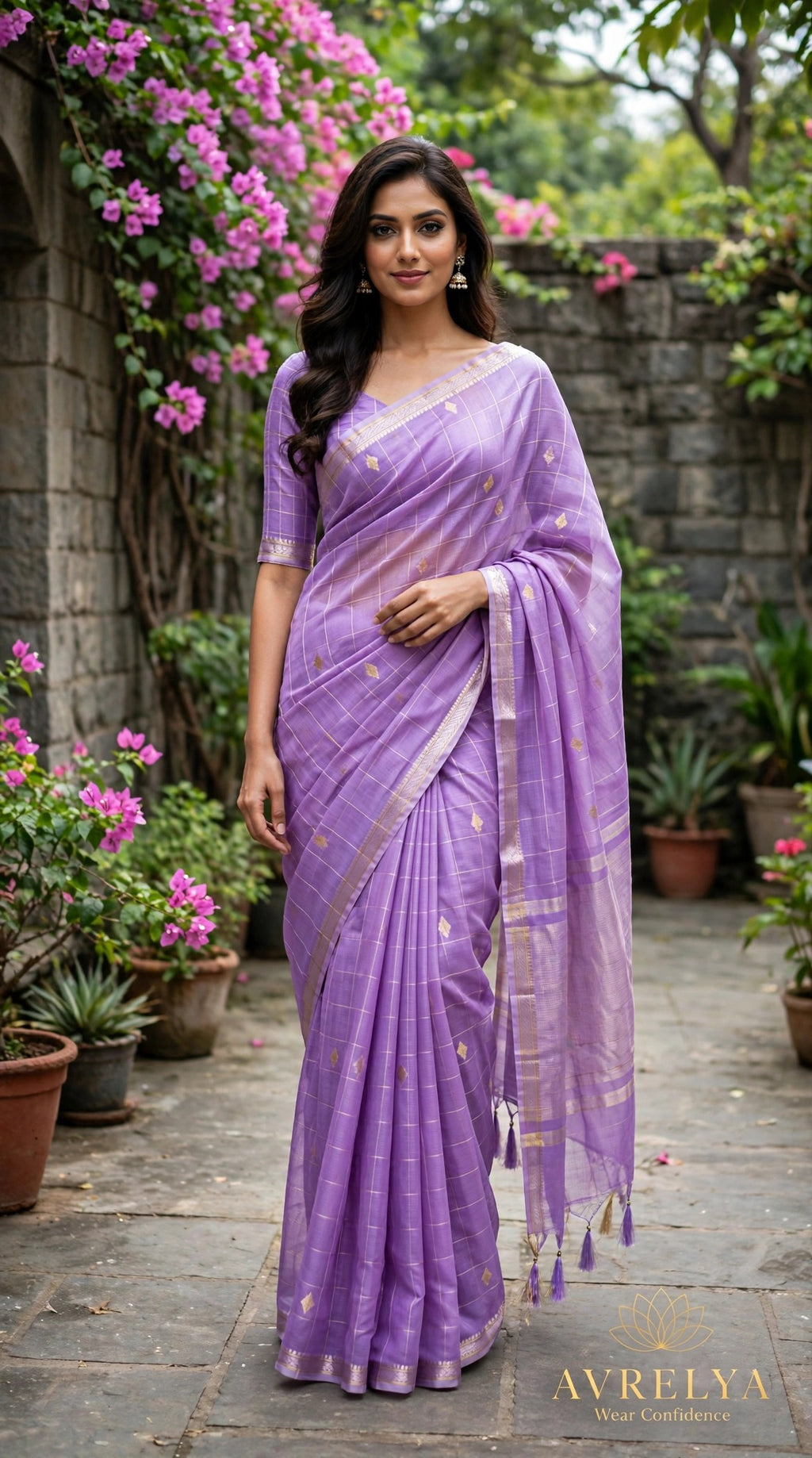 Lilac Maheshwari Lotus Butta Saree With Zari Border