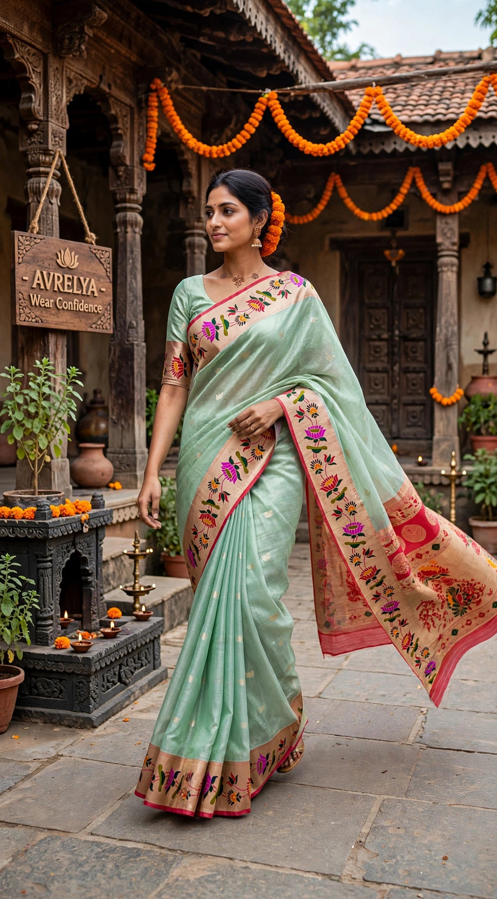 Teal Blue Tissue Paithani Saree with Floral Motif Border