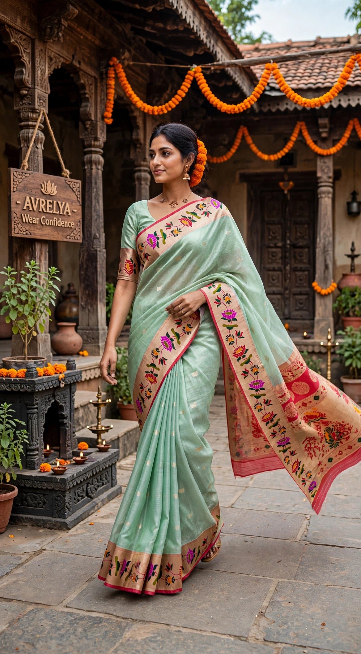 Teal Blue Tissue Paithani Saree with Floral Motif Border