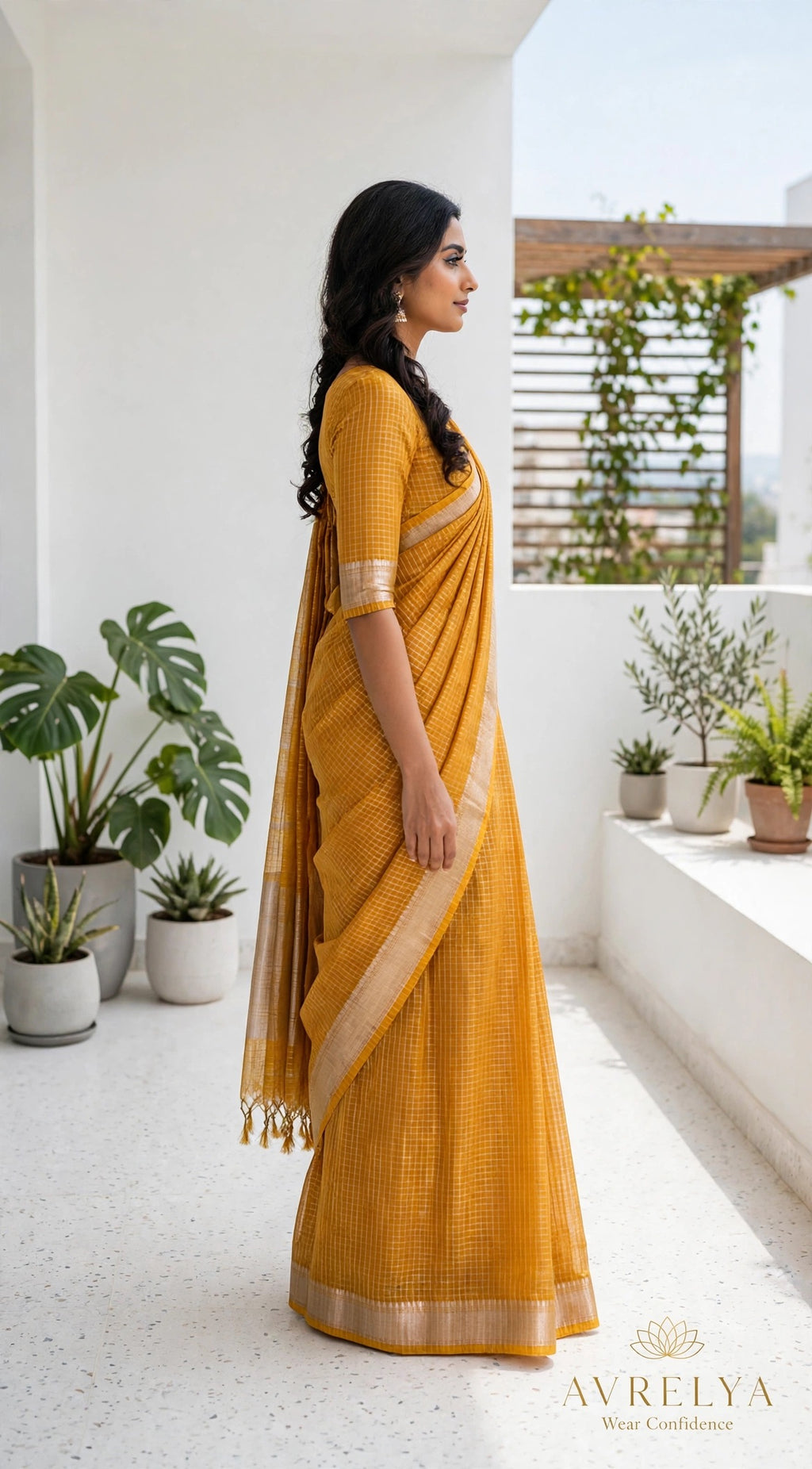 Mustard Maheshwari Chanderi Saree With Zari Border