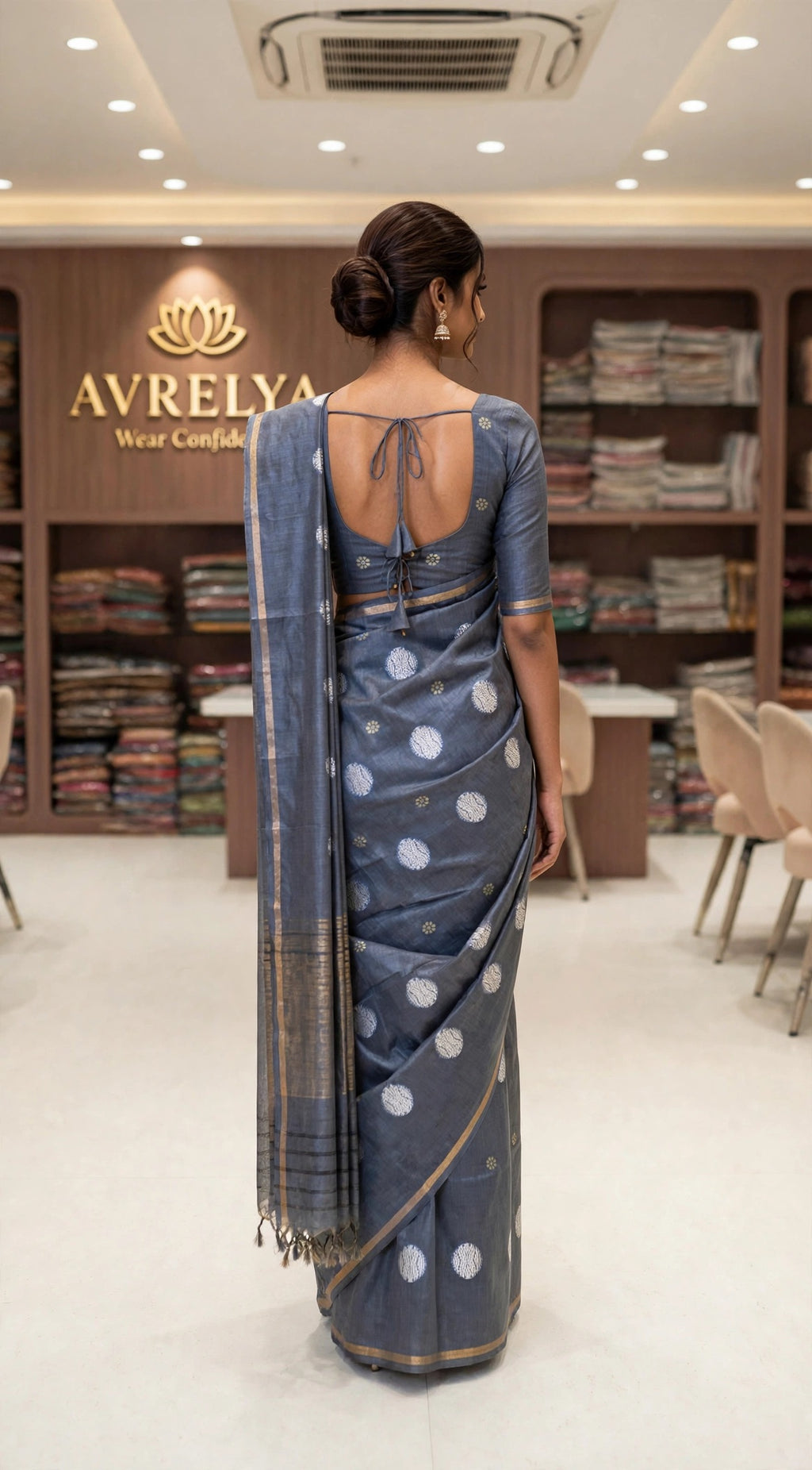 Grey Circular Threadwork Design Handloom Saree
