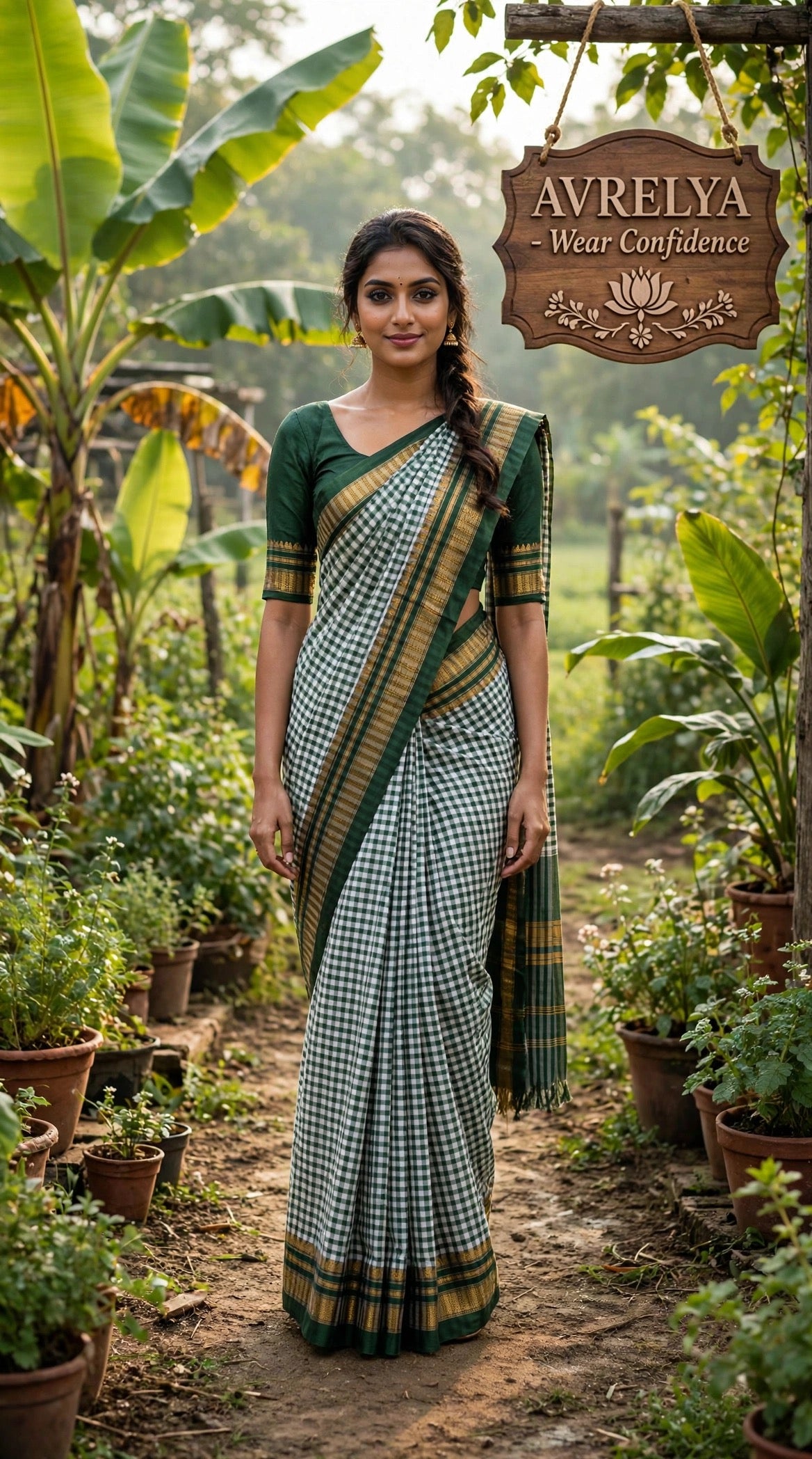 Green Tom Tom Check Ilkal Saree With Zari Border