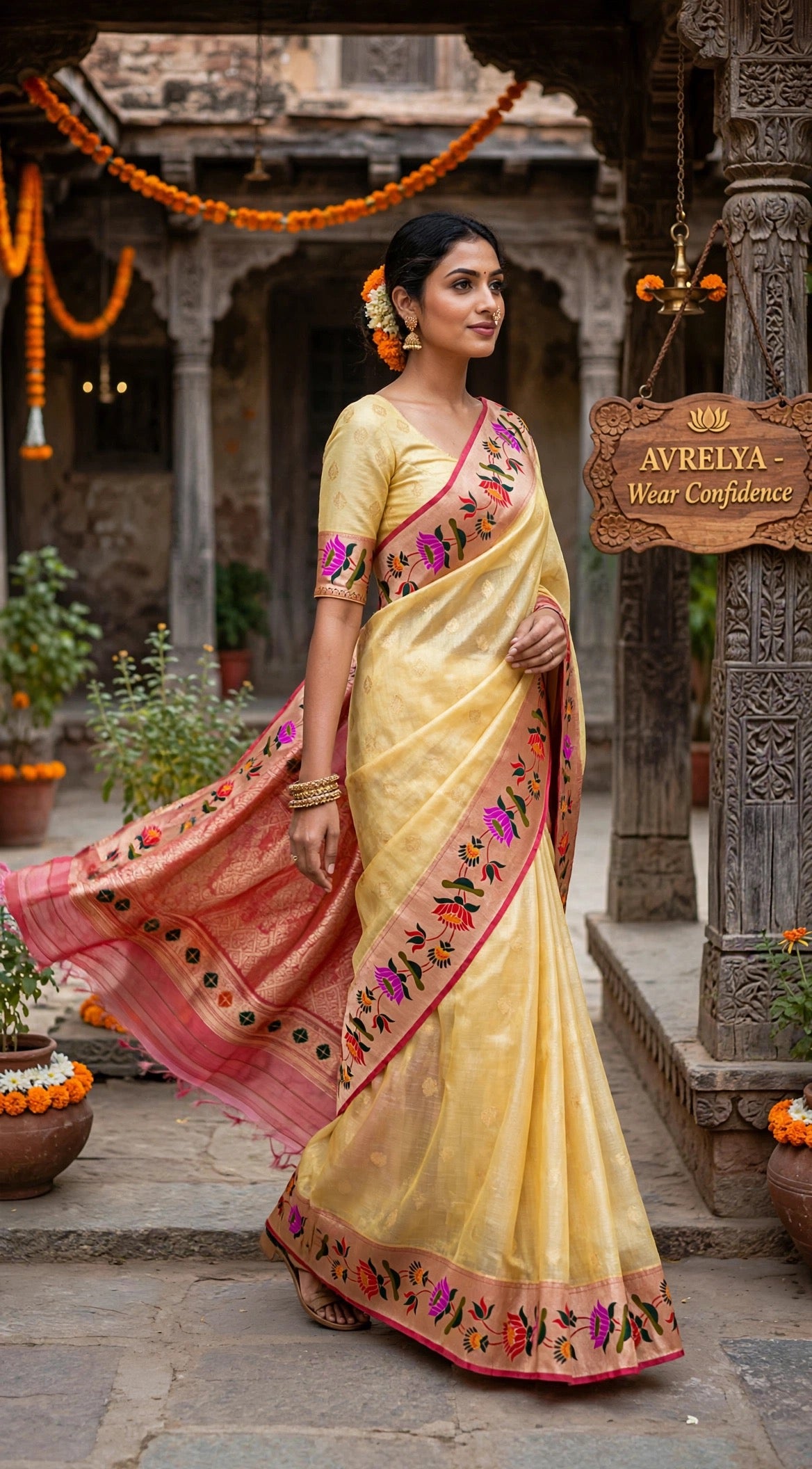 Yellow Tissue Paithani Saree with Floral Motif Border