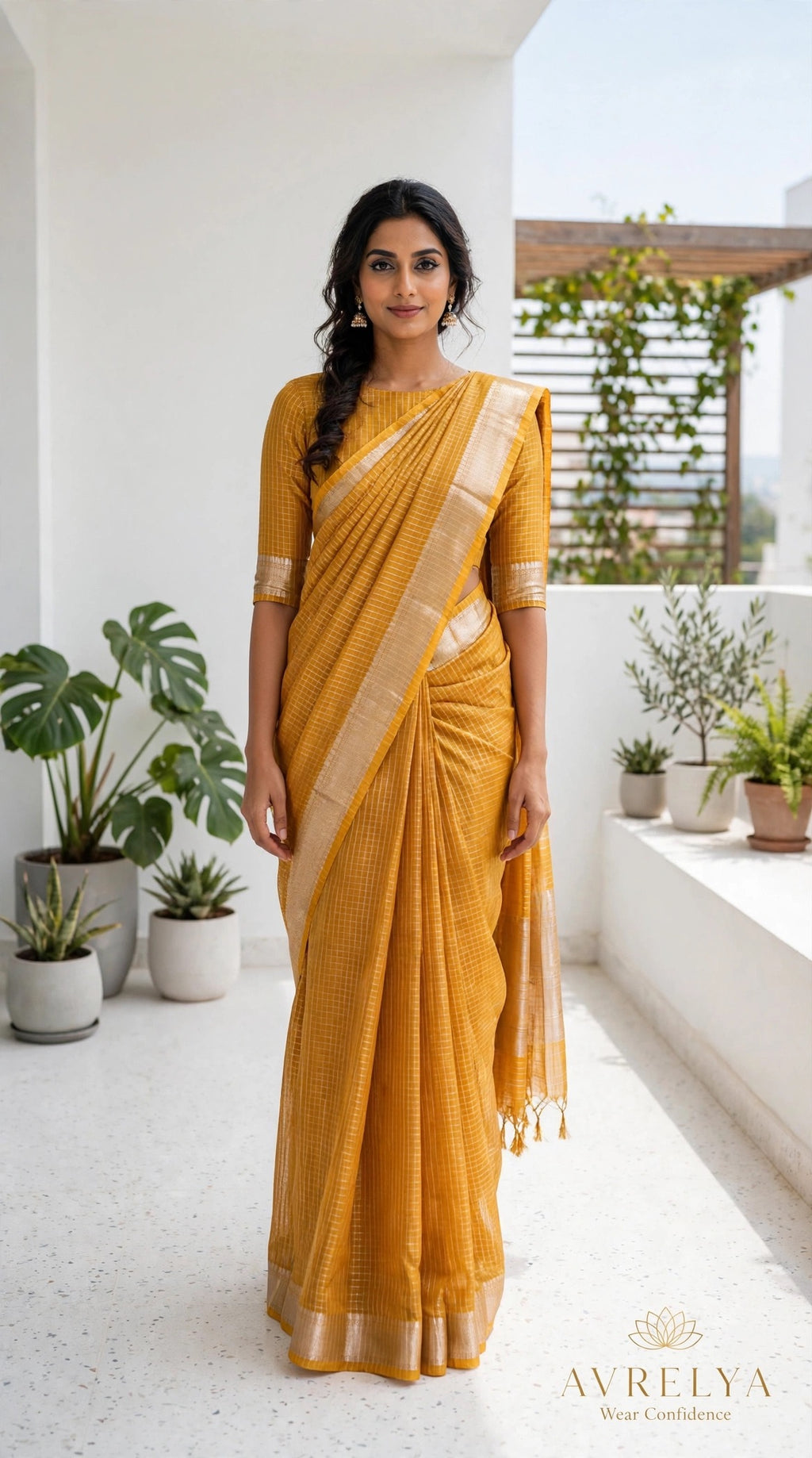 Mustard Maheshwari Chanderi Saree With Zari Border